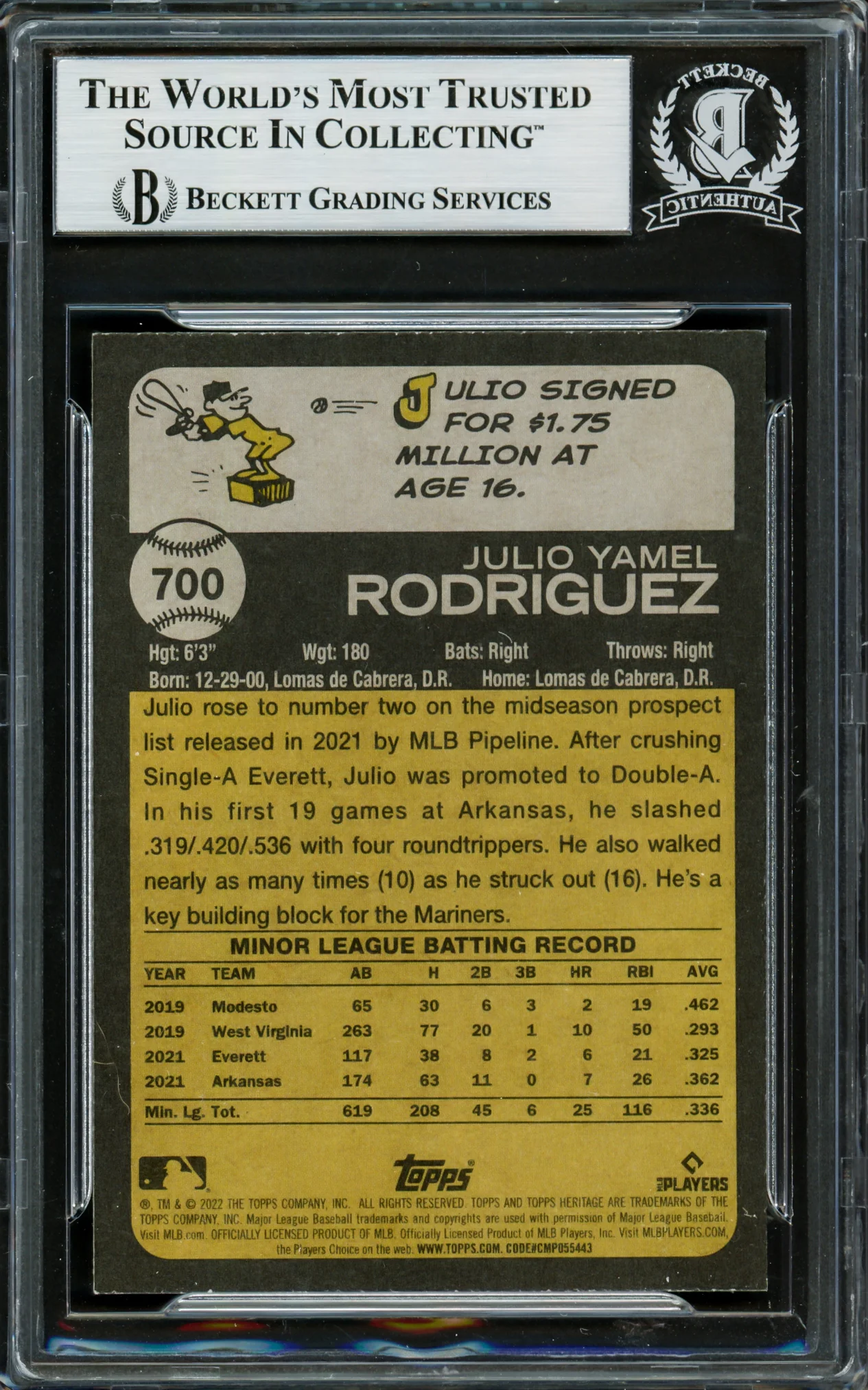 Julio Rodriguez Autographed 2022 Topps Heritage Rookie Card #700 Seattle Mariners Beckett BAS Stock #228025 - Image 2