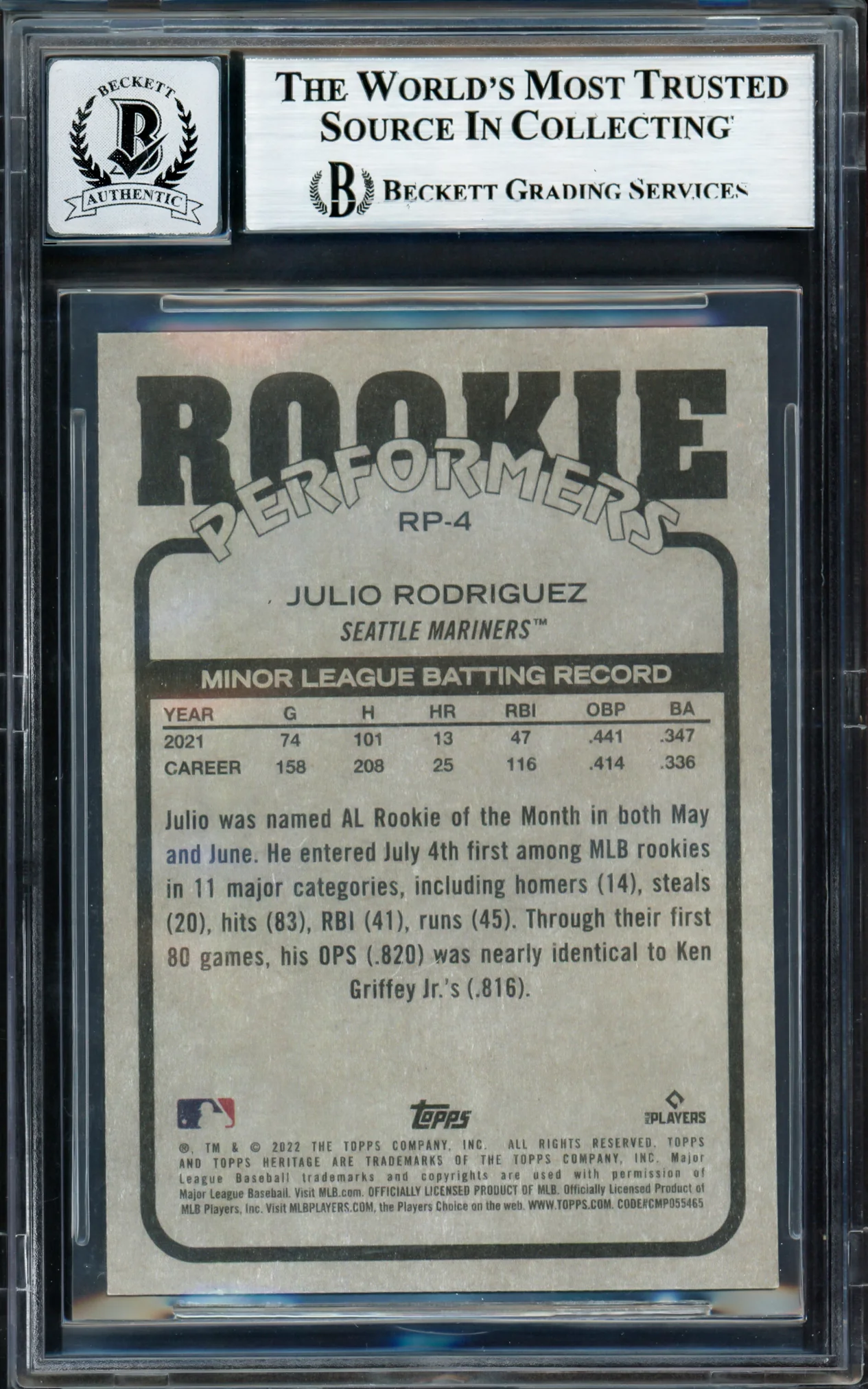 Julio Rodriguez Autographed 2022 Topps Heritage Rookie Performers Rookie Card #RP-4 Seattle Mariners Auto Grade Gem Mint 10 Beckett BAS #17040490 - Image 2