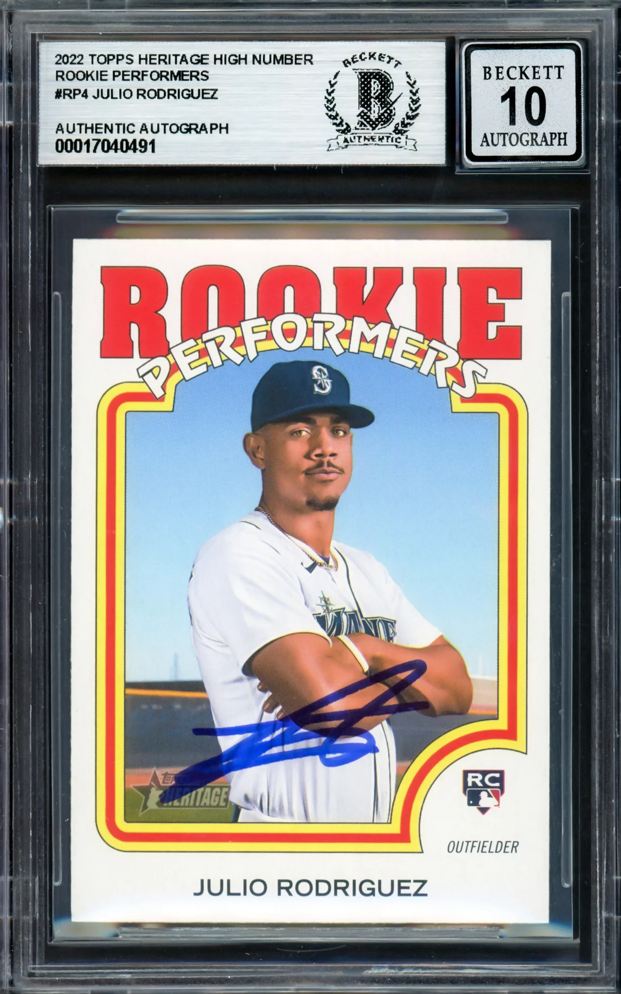 Julio Rodriguez Autographed 2022 Topps Heritage Rookie Performers Rookie Card #RP-4 Seattle Mariners Auto Grade Gem Mint 10 Beckett BAS #17040491