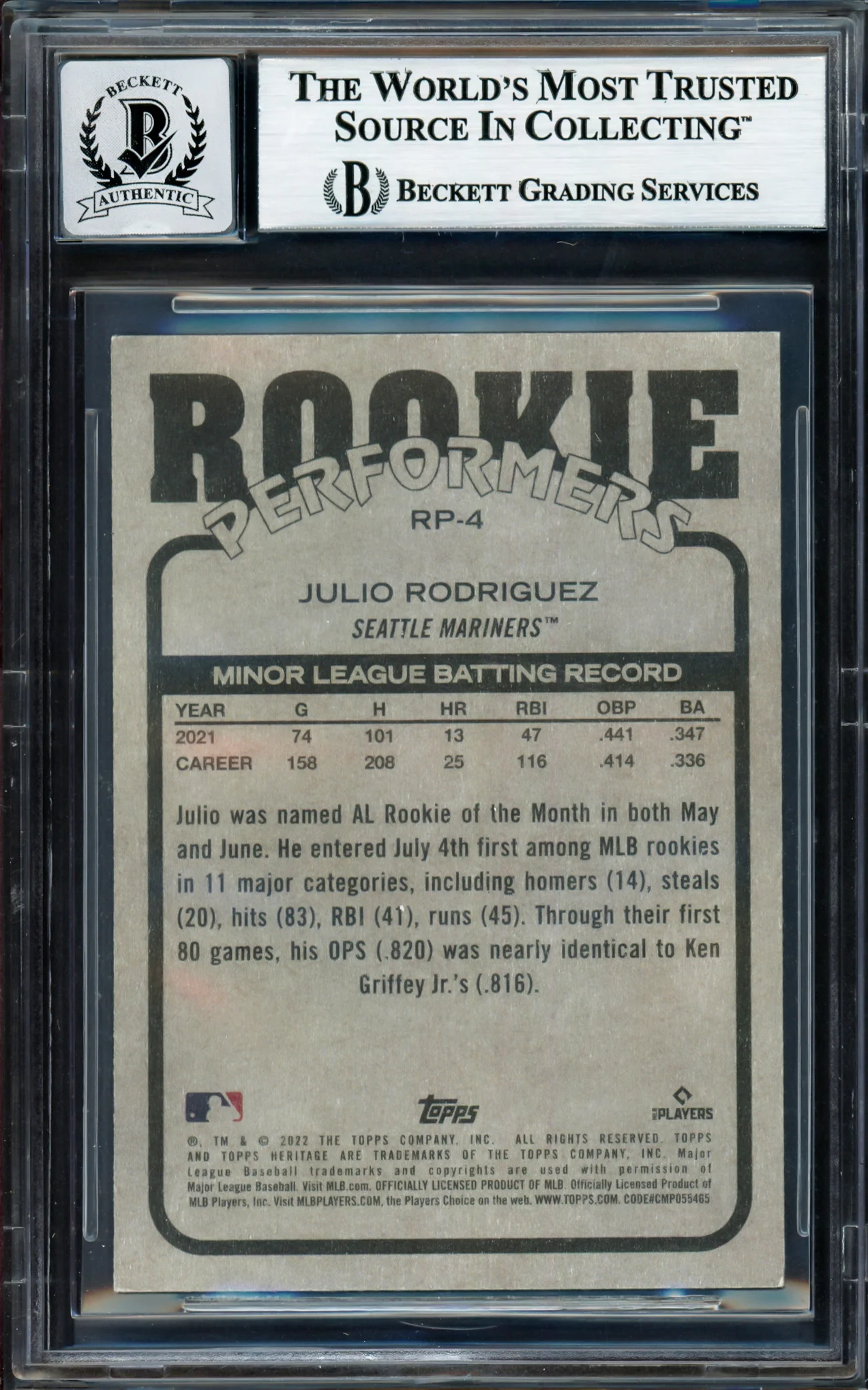 Julio Rodriguez Autographed 2022 Topps Heritage Rookie Performers Rookie Card #RP-4 Seattle Mariners Auto Grade Gem Mint 10 Beckett BAS #17040491 - Image 2
