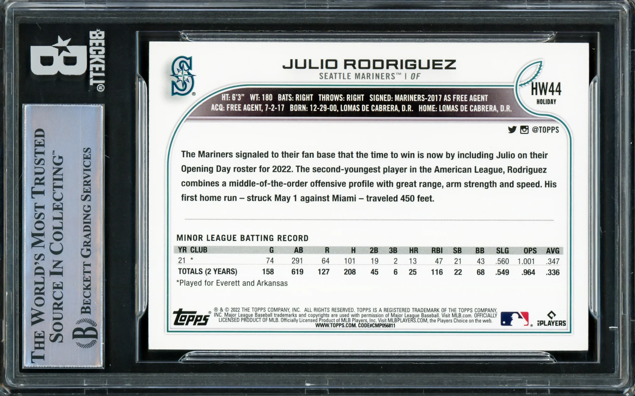 Julio Rodriguez Autographed 2022 Topps Holiday Rookie Card #HW44 Seattle Mariners Beckett BAS #16545777 - Image 2
