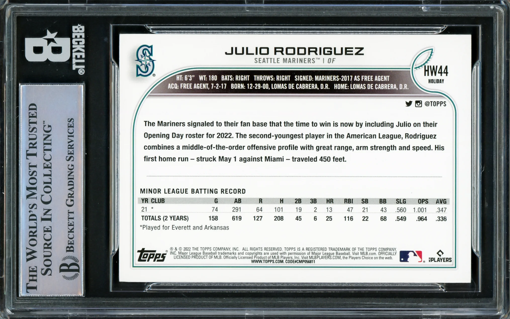 Julio Rodriguez Autographed 2022 Topps Holiday Rookie Card #HW44 Seattle Mariners Beckett BAS #16545781 - Image 2