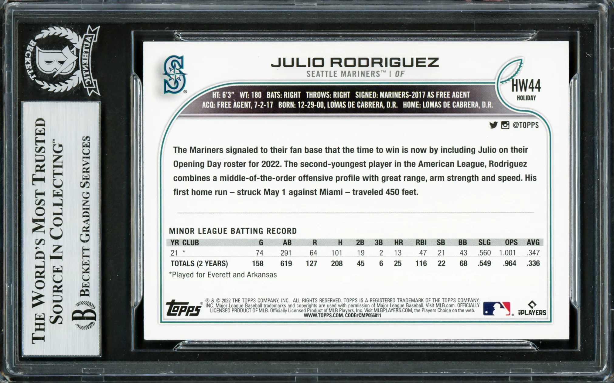 Julio Rodriguez Autographed 2022 Topps Holiday Rookie Card #HW99 Seattle Mariners Beckett BAS Stock #228015 - Image 2