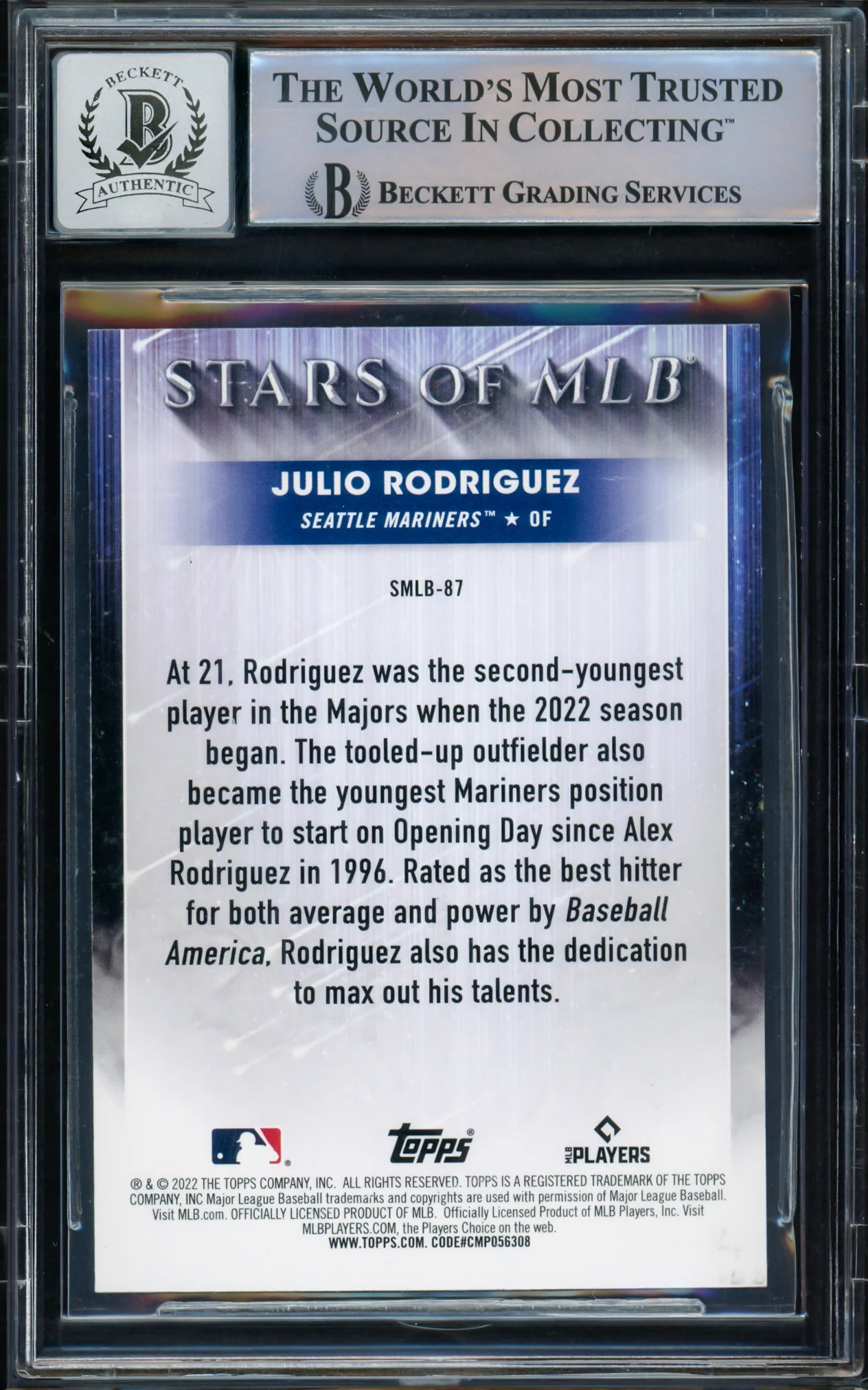 Julio Rodriguez Autographed 2022 Topps Stars of MLB Rookie Card #SMLB-87 Seattle Mariners Auto Grade Gem Mint 10 Beckett BAS Stock #216656 - Image 2
