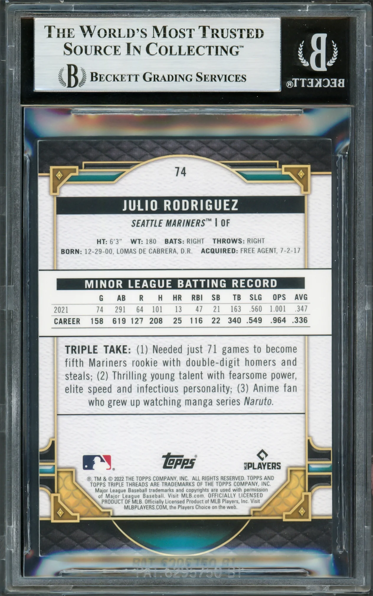Julio Rodriguez Autographed 2022 Topps Triple Threads Rookie Card #74 Seattle Mariners Beckett BAS #16707774 - Image 2
