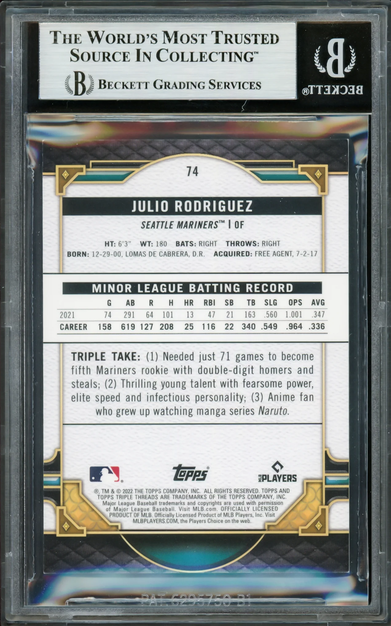 Julio Rodriguez Autographed 2022 Topps Triple Threads Rookie Card #74 Seattle Mariners Beckett BAS #16707775 - Image 2