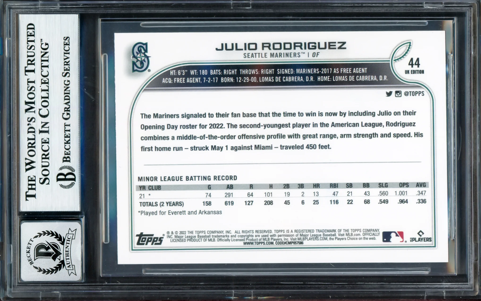 Julio Rodriguez Autographed 2022 Topps UK Edition Rookie Card #44 Seattle Mariners Auto Grade Gem Mint 10 Beckett BAS #17040735 - Image 2