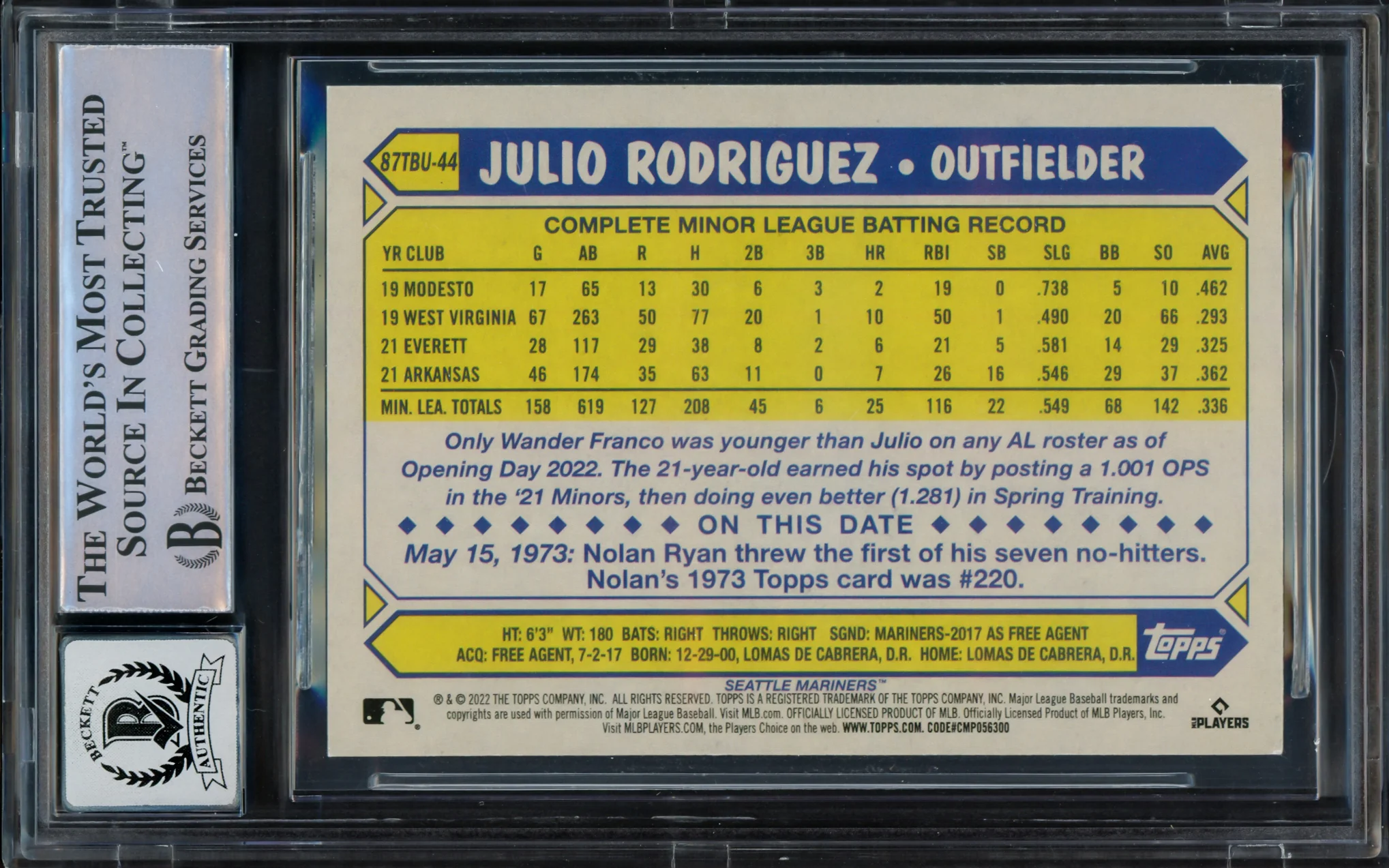 Julio Rodriguez Autographed 2022 Topps Update 35th Anniversary Rookie Card #87TBU-44 Seattle Mariners Auto Grade Gem Mint 10 Beckett BAS #16544040 - Image 2