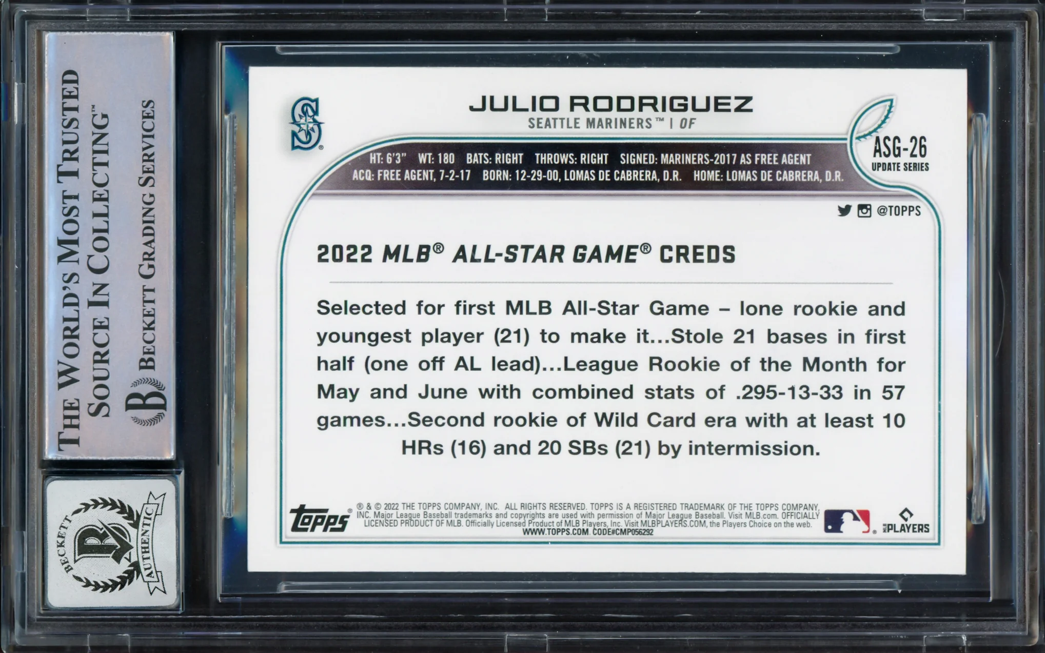 Julio Rodriguez Autographed 2022 Topps Update All Star Game Rookie Card #ASG26 Seattle Mariners Auto Grade Gem Mint 10 Beckett BAS Stock #229017 - Image 2