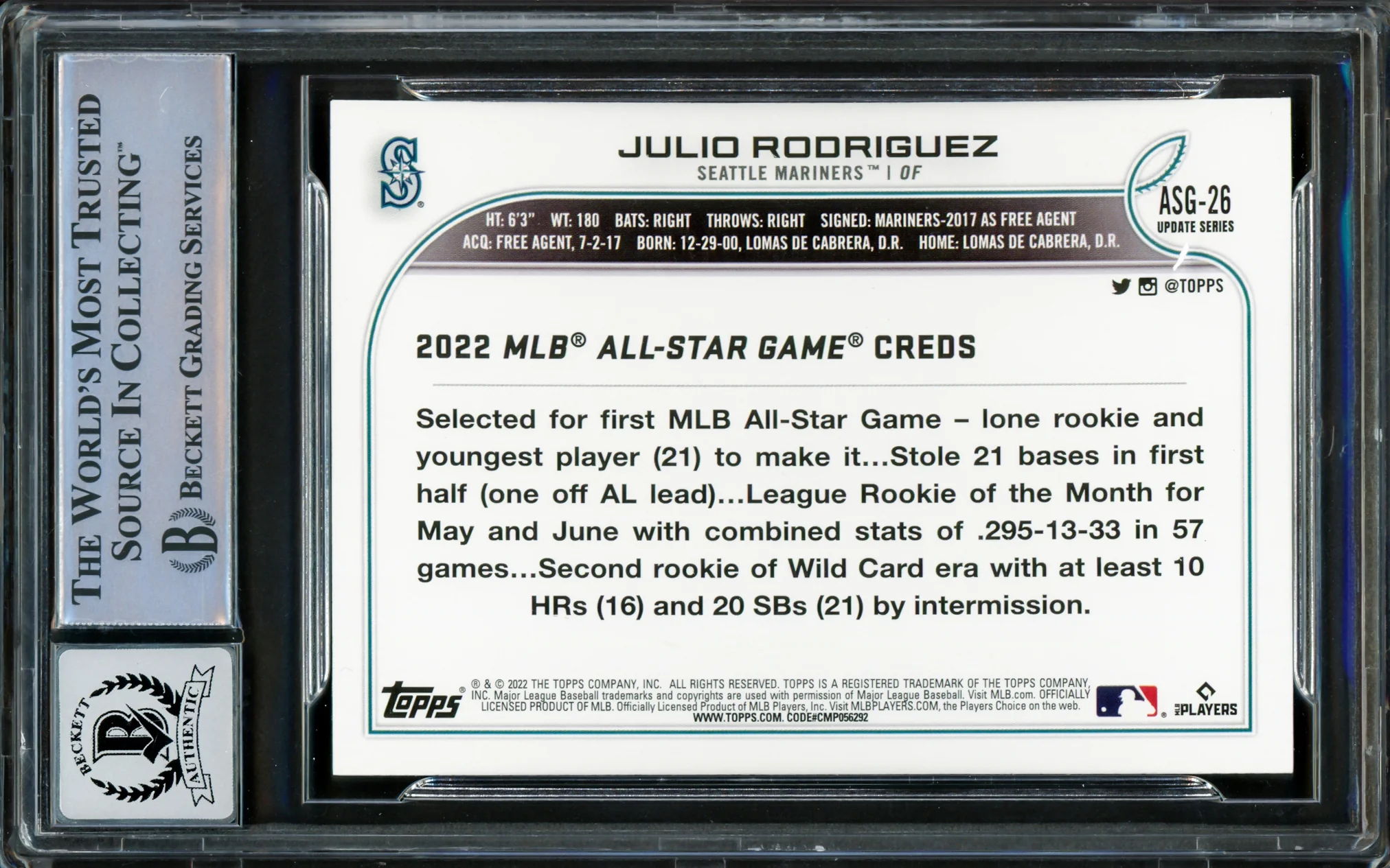 Julio Rodriguez Autographed 2022 Topps Update All Star Rookie Card #ASG-26 Seattle Mariners Auto Grade Gem Mint 10 Beckett BAS #16339308 - Image 2