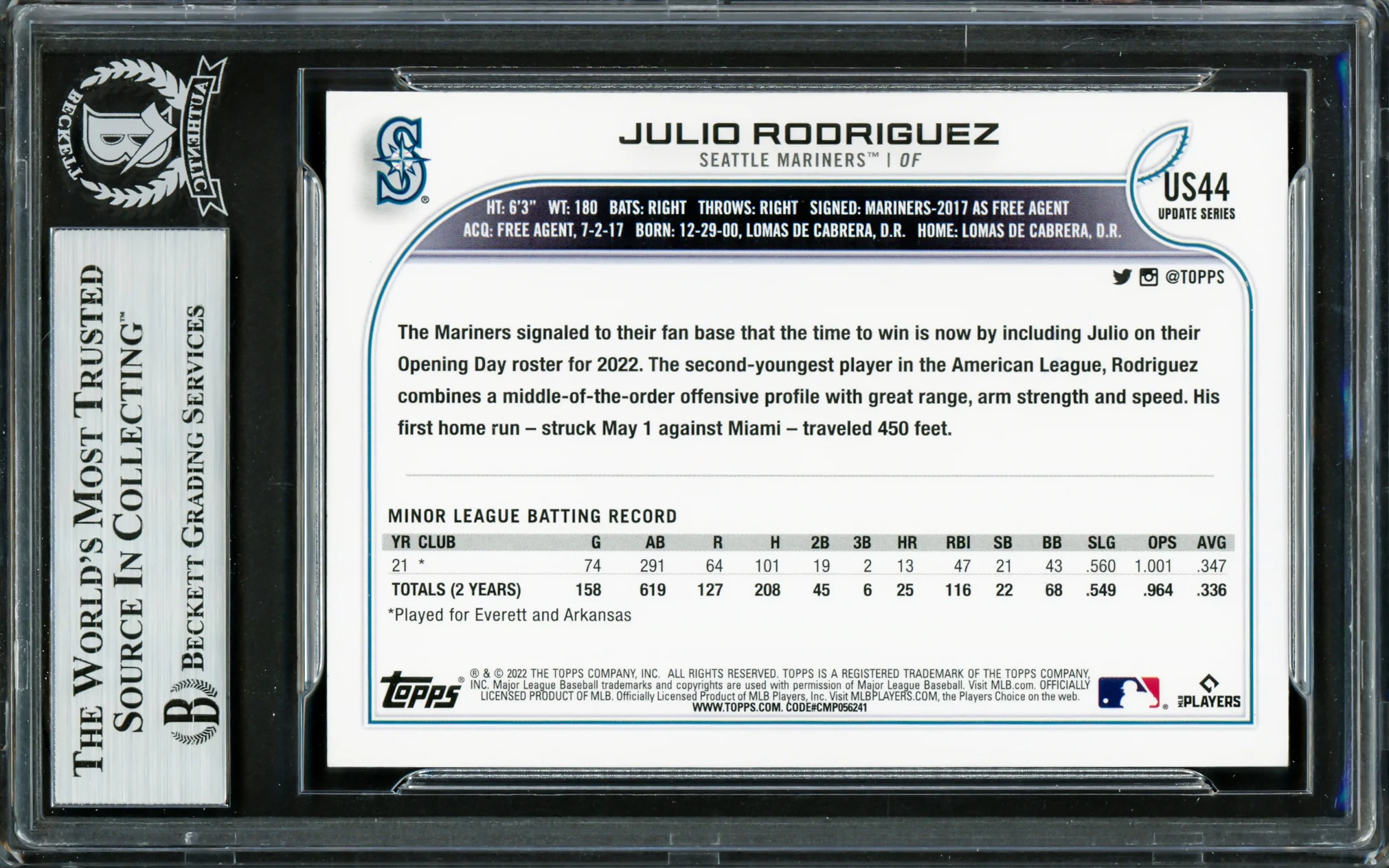Julio Rodriguez Autographed 2022 Topps Update Rainbow Foil Rookie Card #US44 Seattle Mariners Beckett BAS #16706554 - Image 2