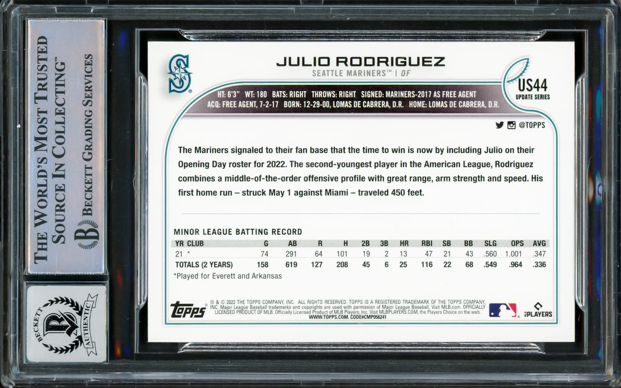 Julio Rodriguez Autographed 2022 Topps Update Rookie Card #US44 Seattle Mariners Auto Grade Gem Mint 10 Beckett BAS Stock #220793 - Image 2
