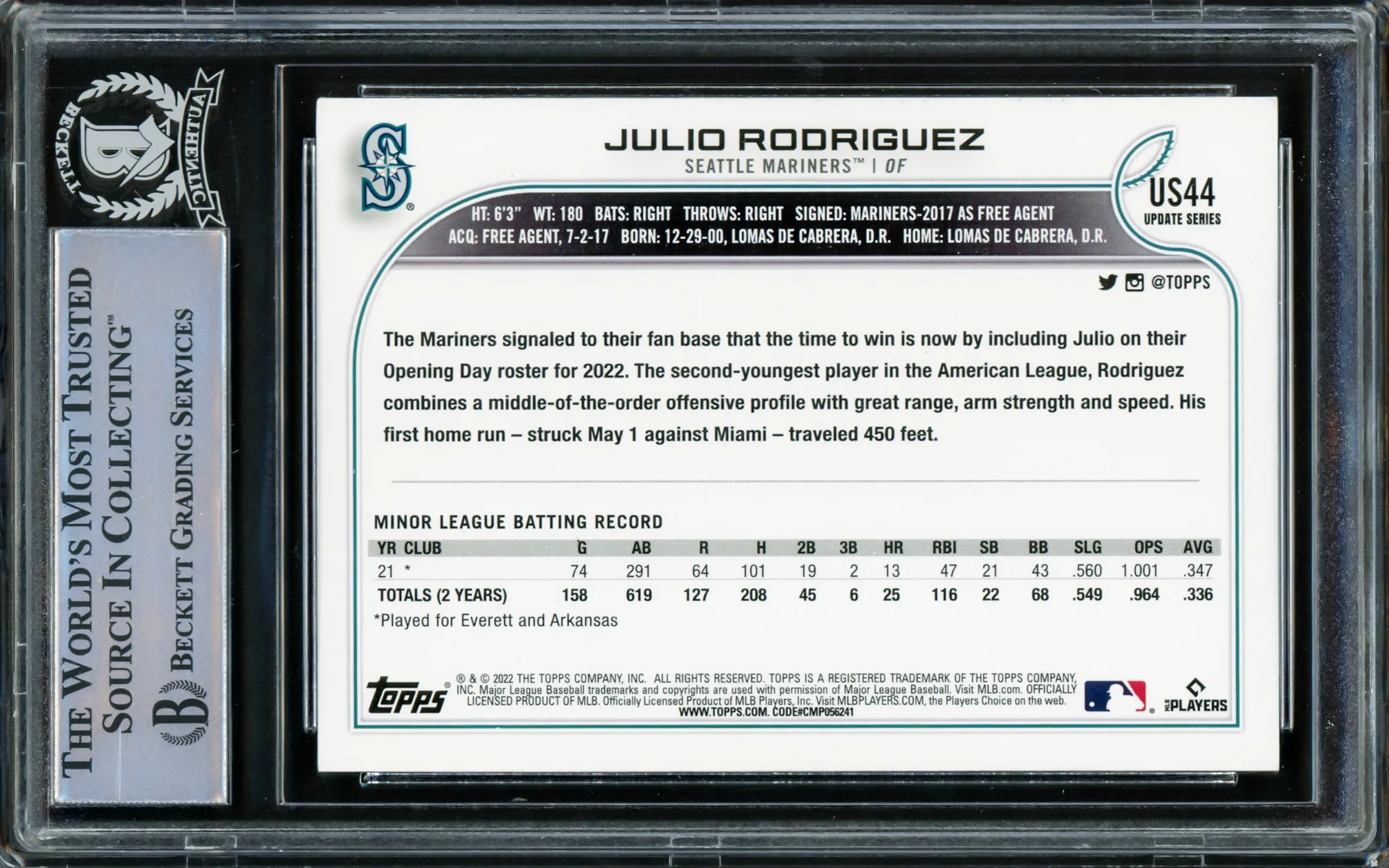 Julio Rodriguez Autographed 2022 Topps Update Rookie Card #US44 Seattle Mariners Beckett BAS Stock #216867 - Image 2