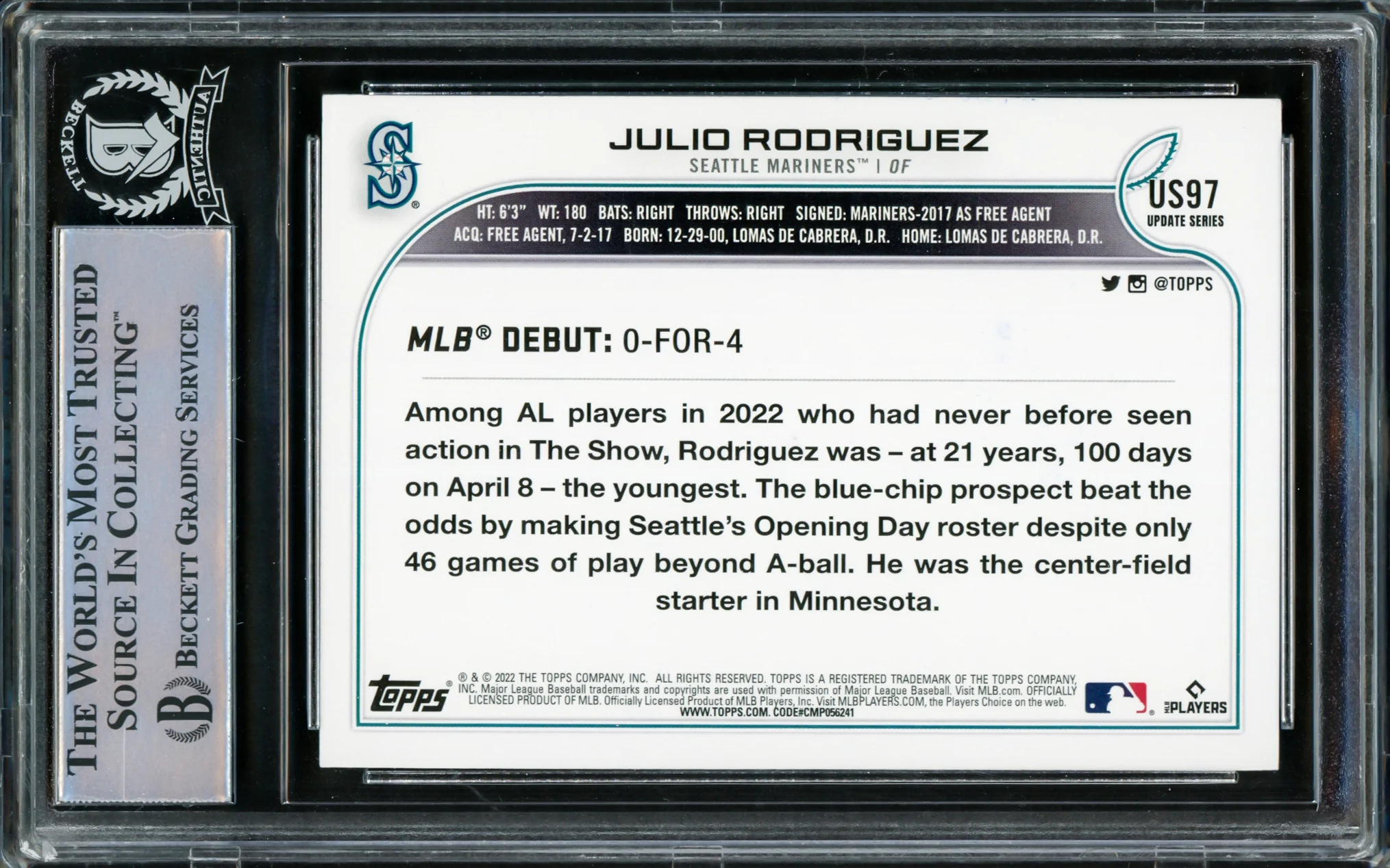 Julio Rodriguez Autographed 2022 Topps Update Rookie Card #US97 Seattle Mariners Beckett BAS Stock #216868 - Image 2