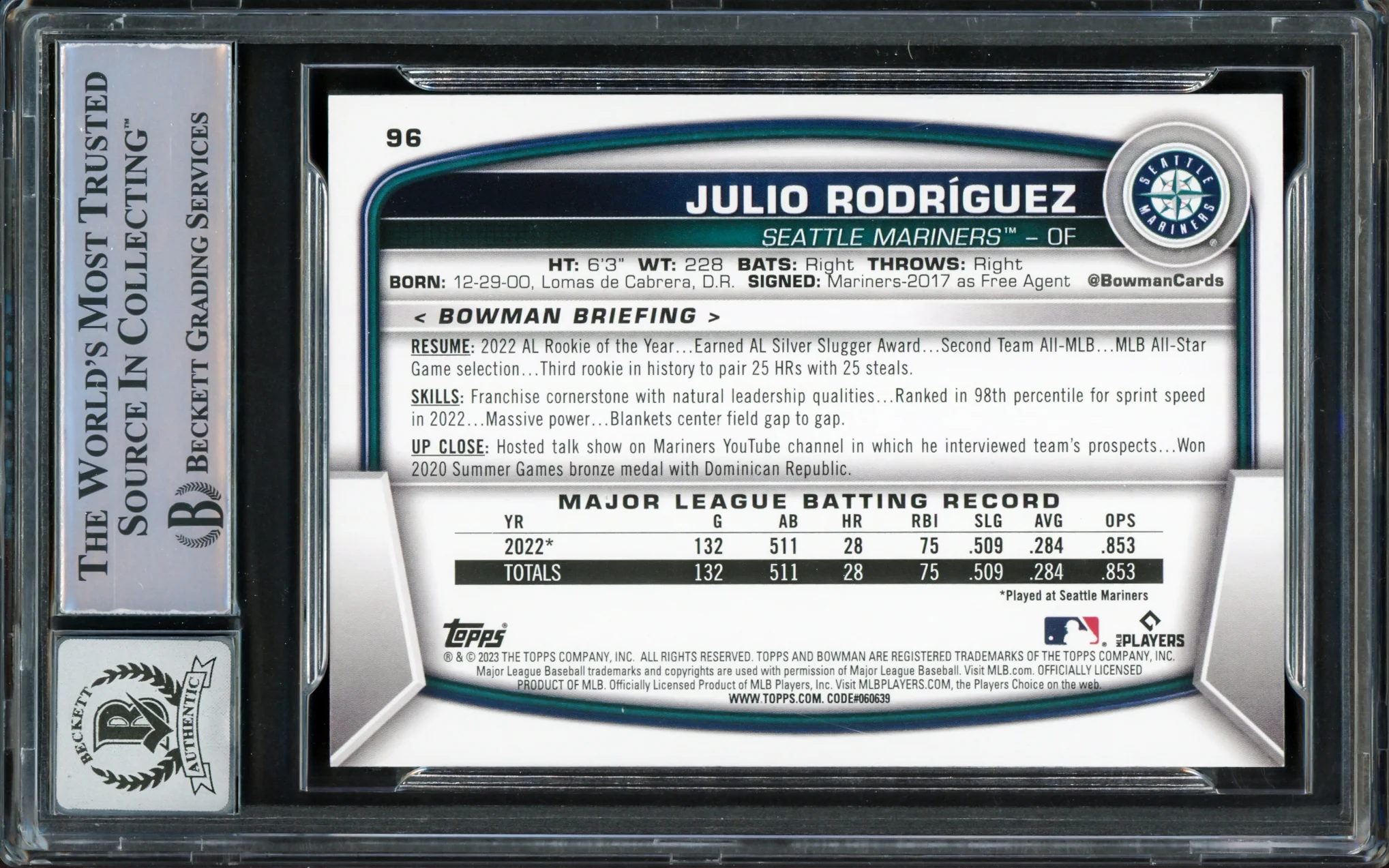 Julio Rodriguez Autographed 2023 Bowman Card #96 Seattle Mariners Auto Grade Gem Mint 10 Beckett BAS Stock #221313 - Image 2