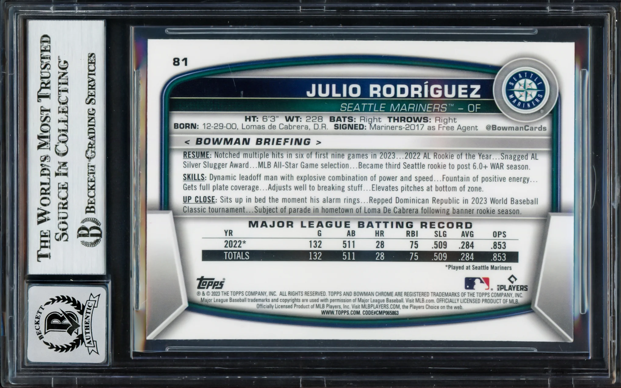 Julio Rodriguez Autographed 2023 Bowman Chrome Card #81 Seattle Mariners Auto Grade Gem Mint 10 Beckett BAS #17038922 - Image 2