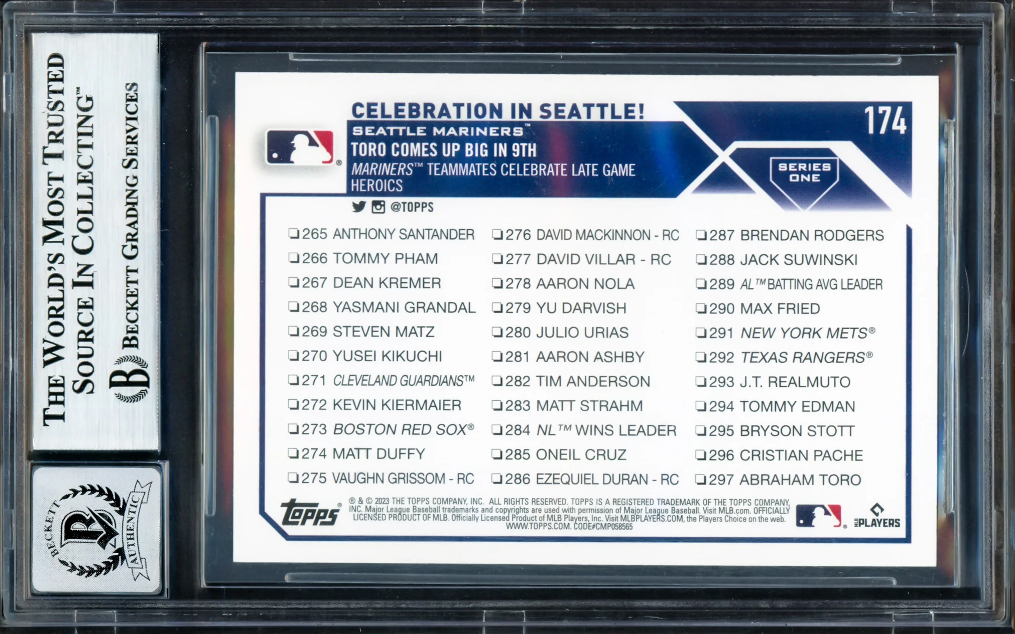 Julio Rodriguez Autographed 2023 Topps Card #174 Seattle Mariners Auto Grade Gem Mint 10 Beckett BAS #17040146 - Image 2