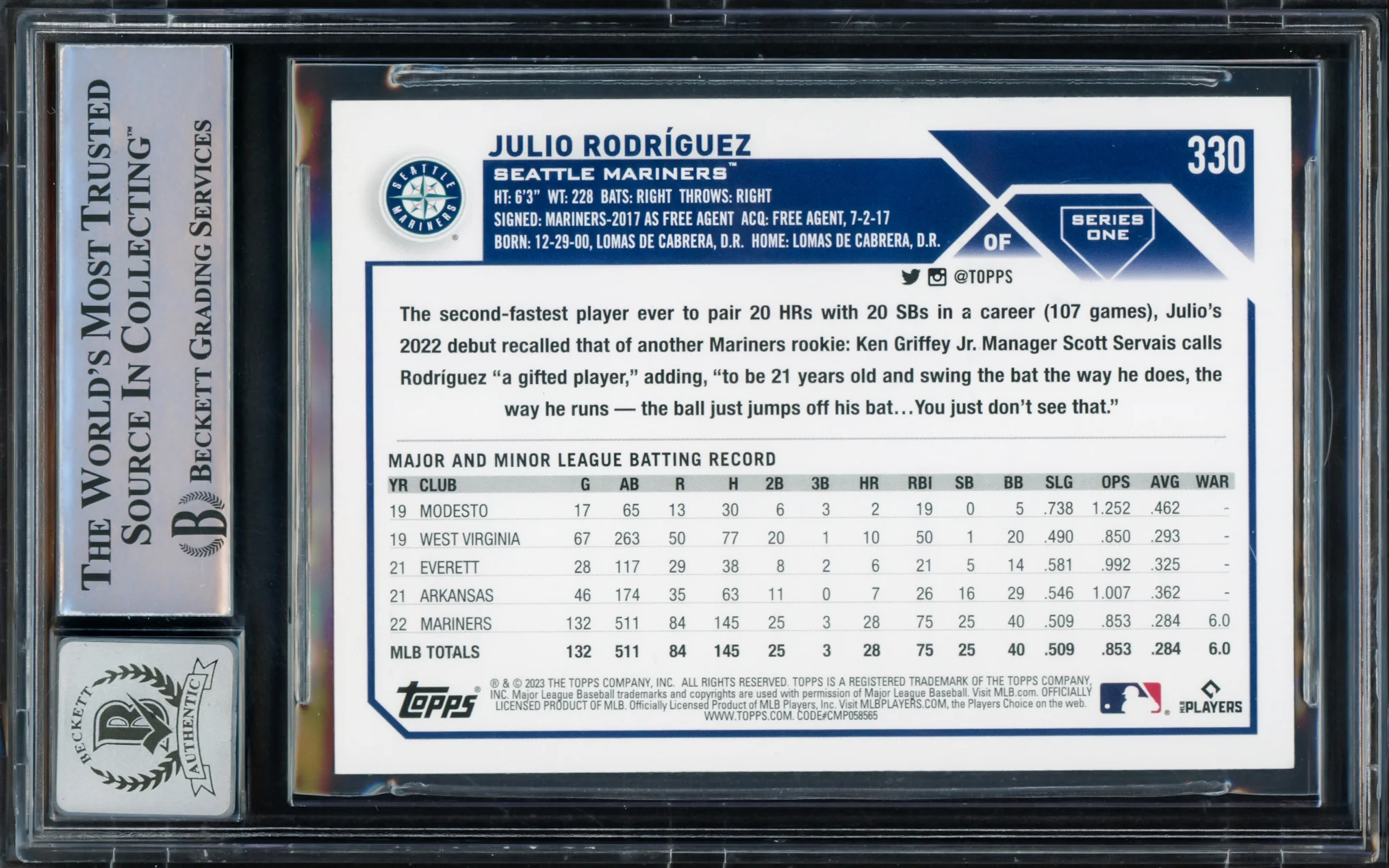Julio Rodriguez Autographed 2023 Topps Card #330 Seattle Mariners Auto Grade Gem Mint 10 Beckett BAS Stock #216657 - Image 2