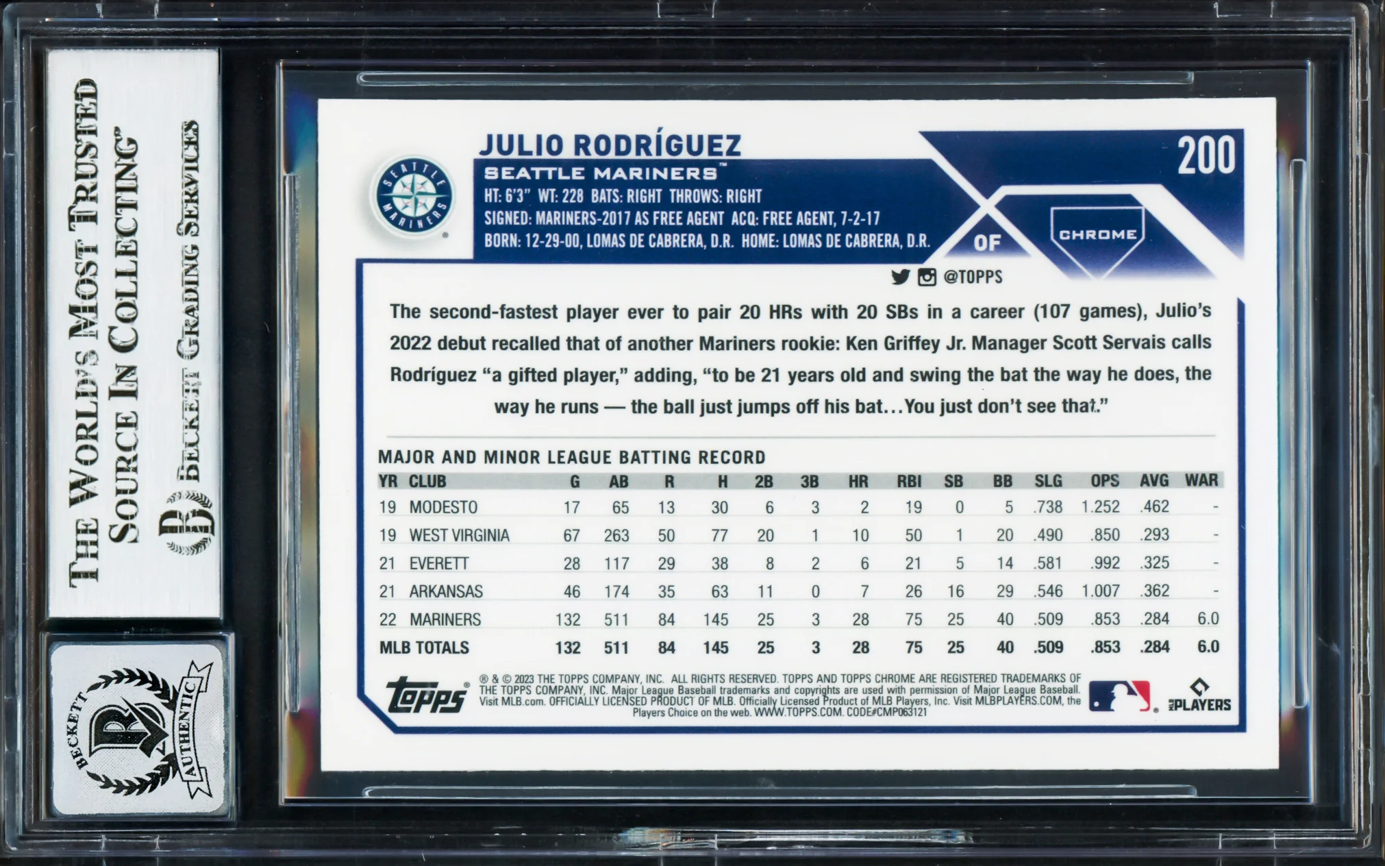 Julio Rodriguez Autographed 2023 Topps Chrome Card #200 Seattle Mariners Auto Grade Gem Mint 10 Beckett BAS Stock #233981 - Image 2