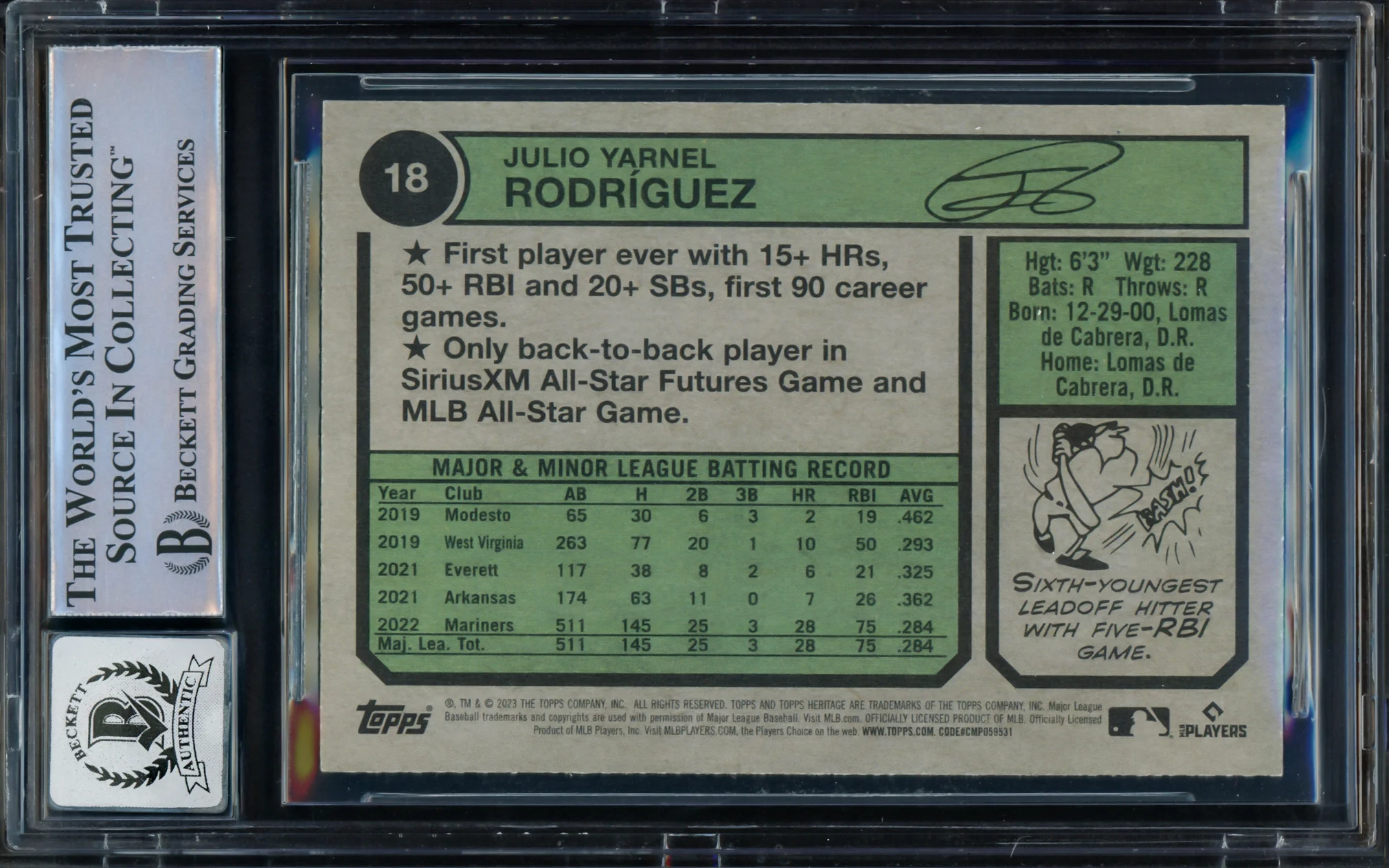 Julio Rodriguez Autographed 2023 Topps Heritage Card #18 Seattle Mariners Auto Grade Gem Mint 10 Beckett BAS Stock #229018 - Image 2