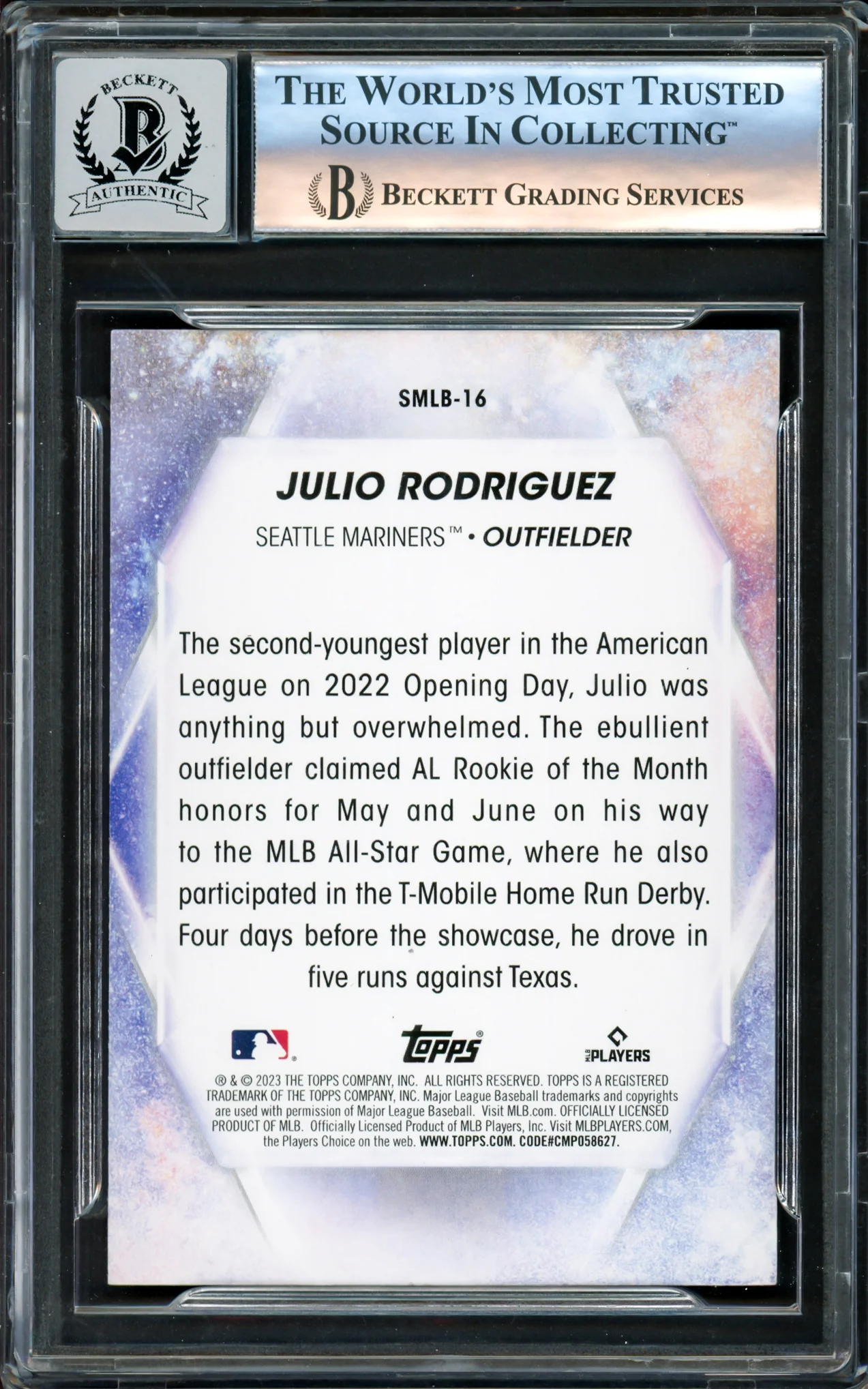 Julio Rodriguez Autographed 2023 Topps Stars of MLB Card #SMLB-16 Seattle Mariners Auto Grade Gem Mint 10 Beckett BAS Stock #220801 - Image 2