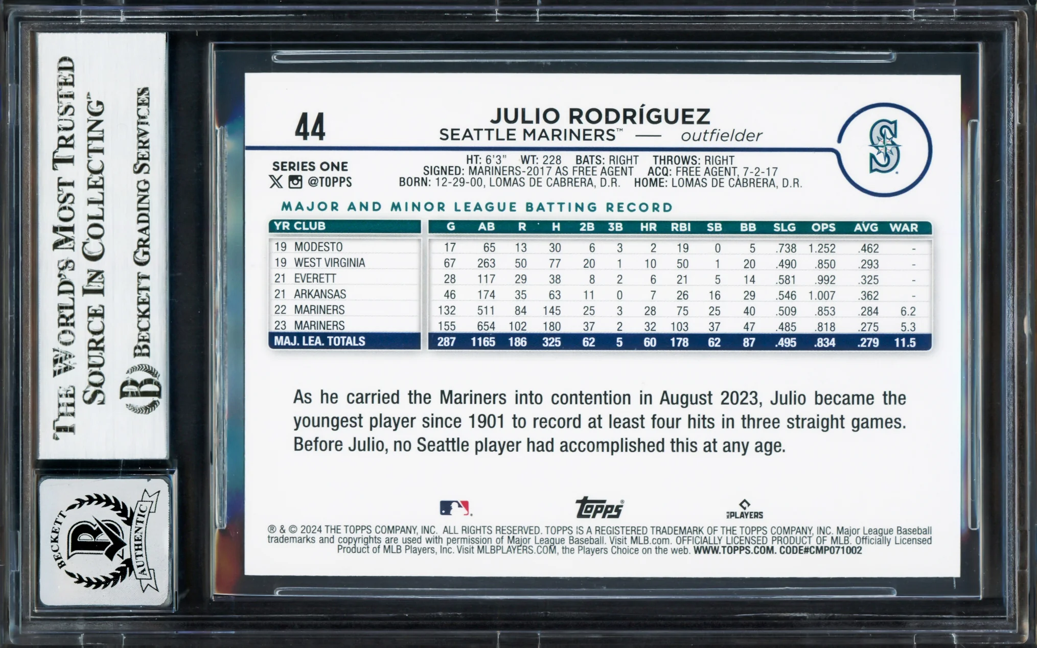 Julio Rodriguez Autographed 2024 Topps Card #44 Seattle Mariners Auto Grade Gem Mint 10 Beckett BAS Stock #233982 - Image 2