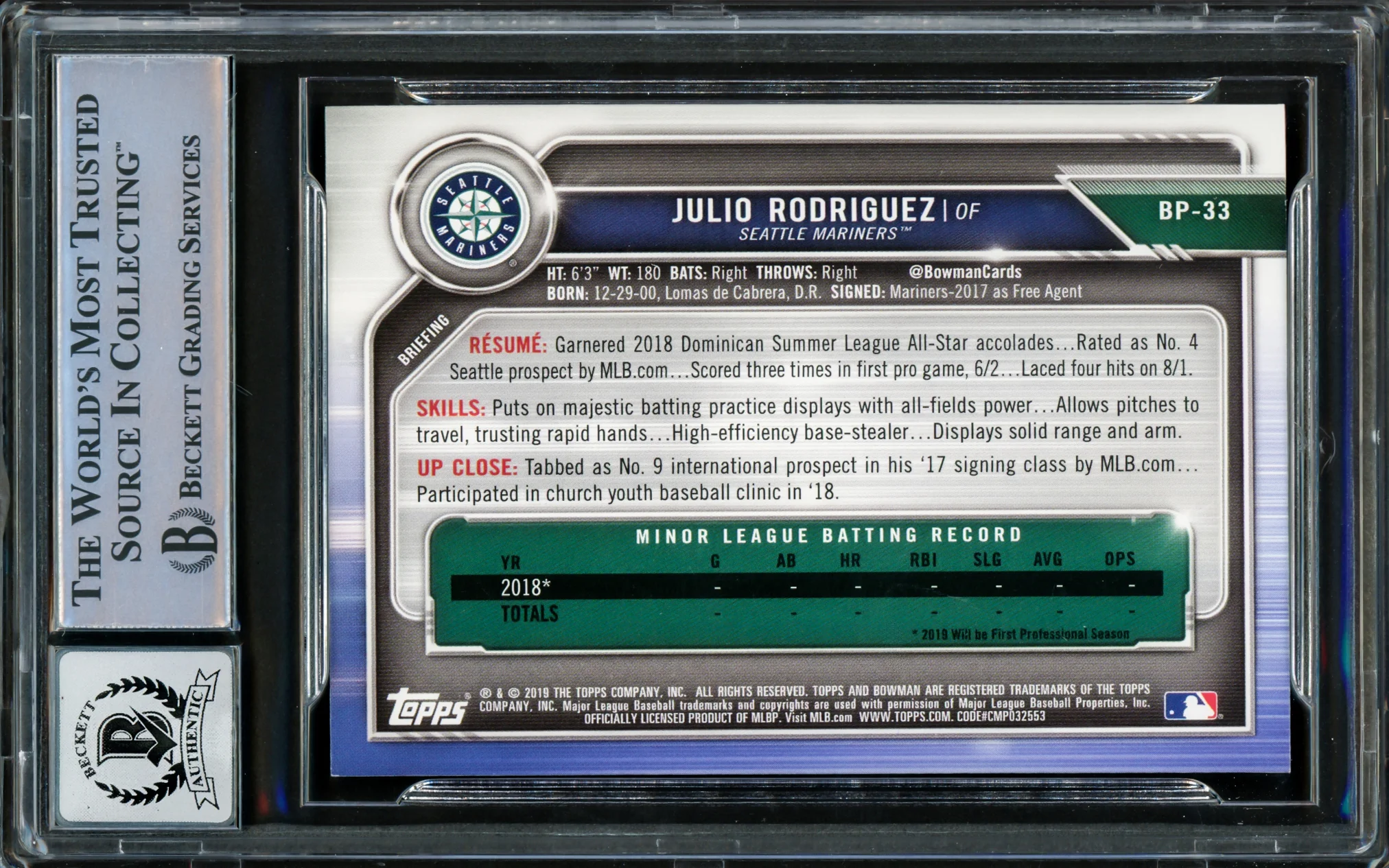 Julio Rodriguez Autographed 2019 Bowman Camo Green Rookie Card #BP33 Seattle Mariners Auto Grade Gem Mint 10 Beckett BAS Stock #222881 - Image 2