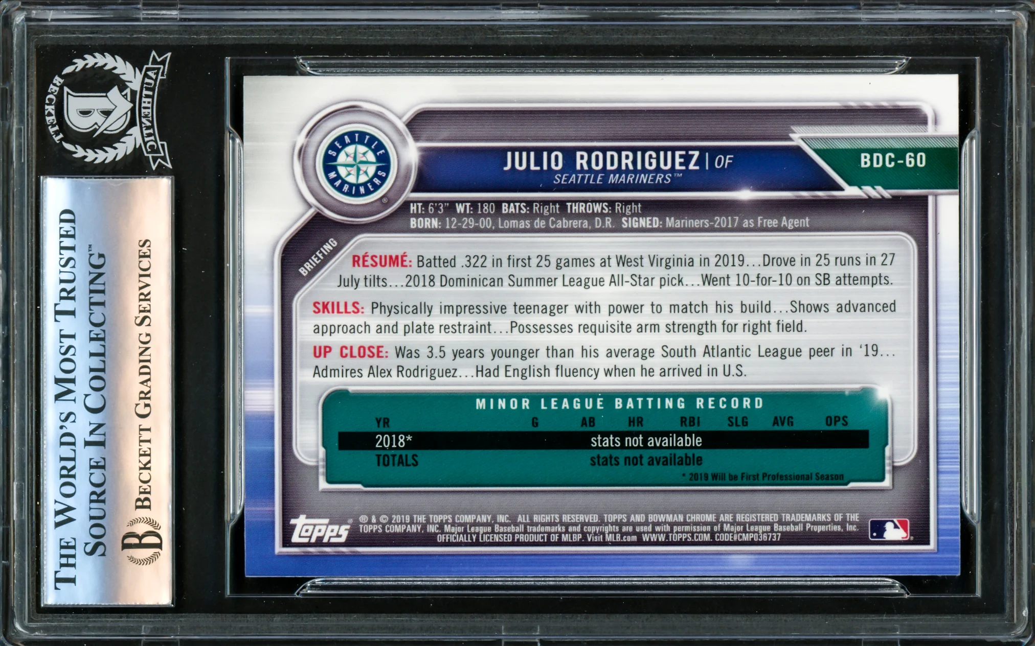 Julio Rodriguez Autographed 2019 Bowman Chrome Draft Rookie Card #BDC60 Seattle Mariners Beckett BAS #16177200 - Image 2