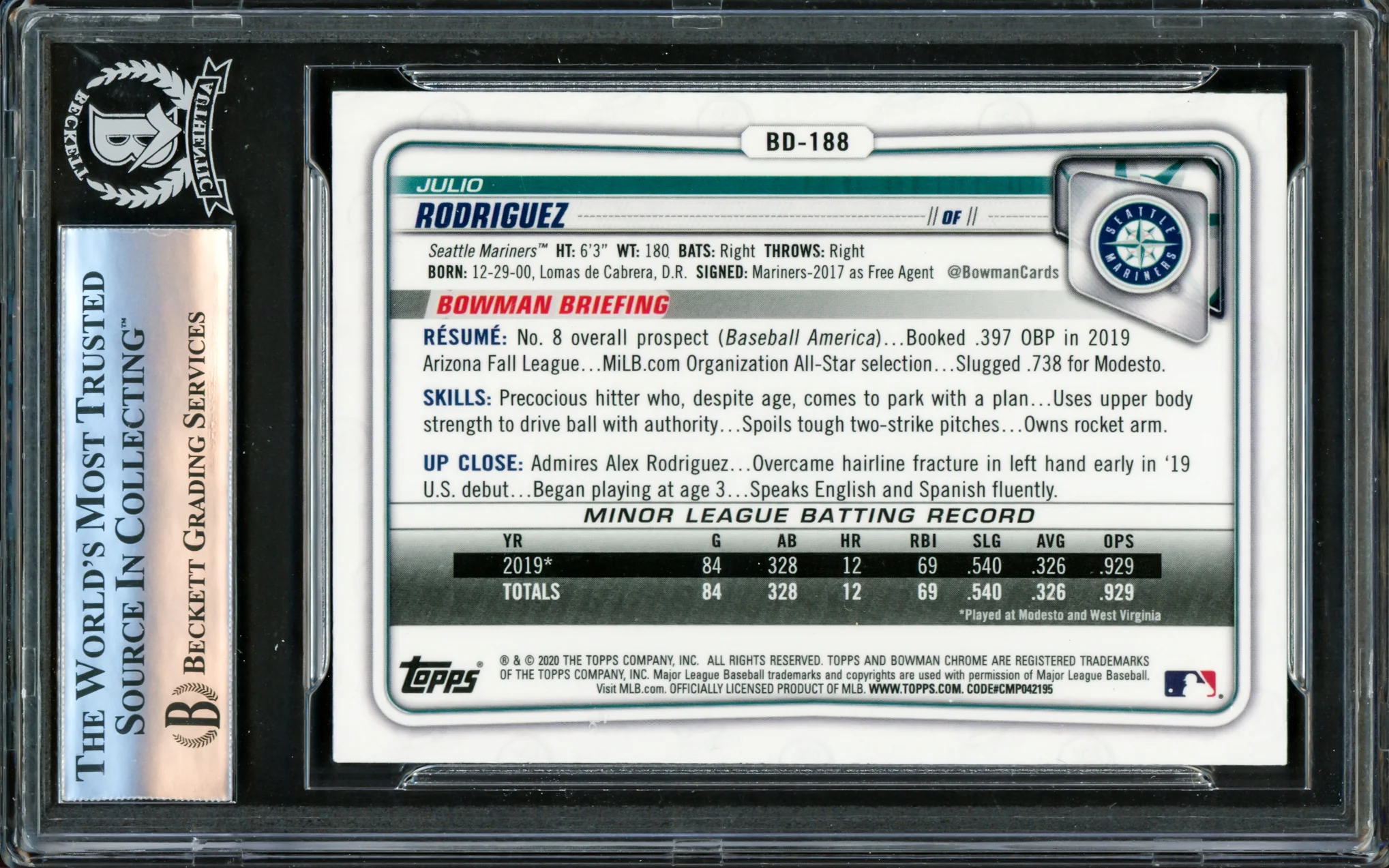 Julio Rodriguez Autographed 2020 Bowman Chrome Draft Rookie Card #BD188 Seattle Mariners Beckett BAS #16177347 - Image 2