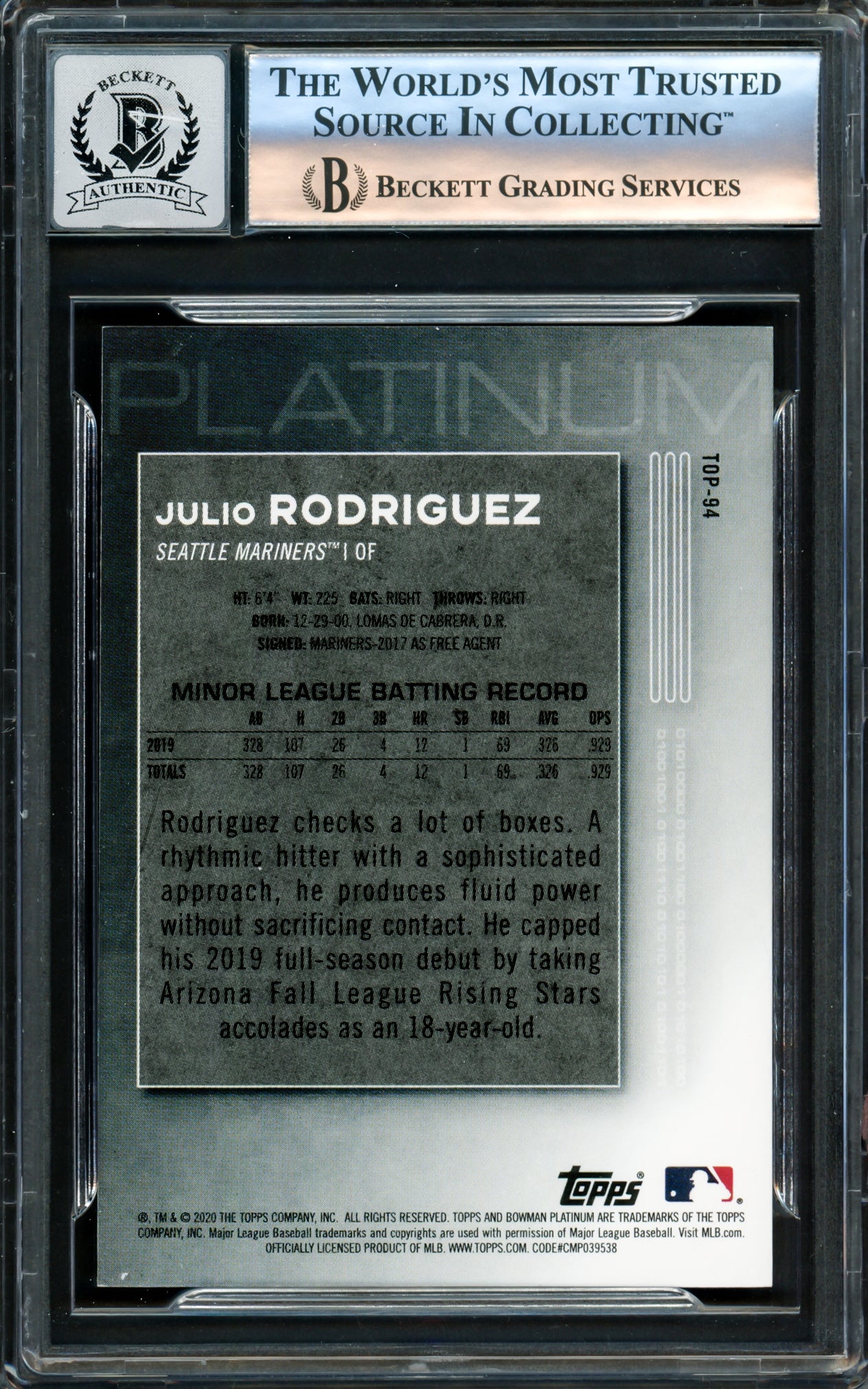 Julio Rodriguez Autographed 2020 Bowman Platinum Rookie Card #TOP94 Seattle Mariners Auto Grade Gem Mint 10 Beckett BAS #16171644 - Image 2