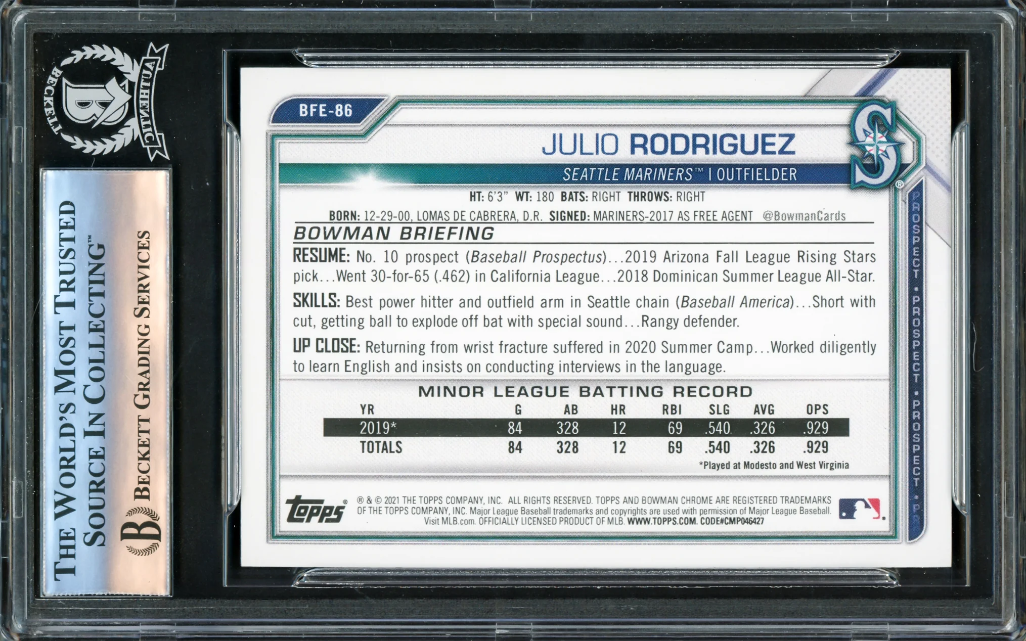Julio Rodriguez Autographed 2021 Bowman 1st Edition Rookie Card #BFE86 Seattle Mariners Beckett BAS #16177380 - Image 2