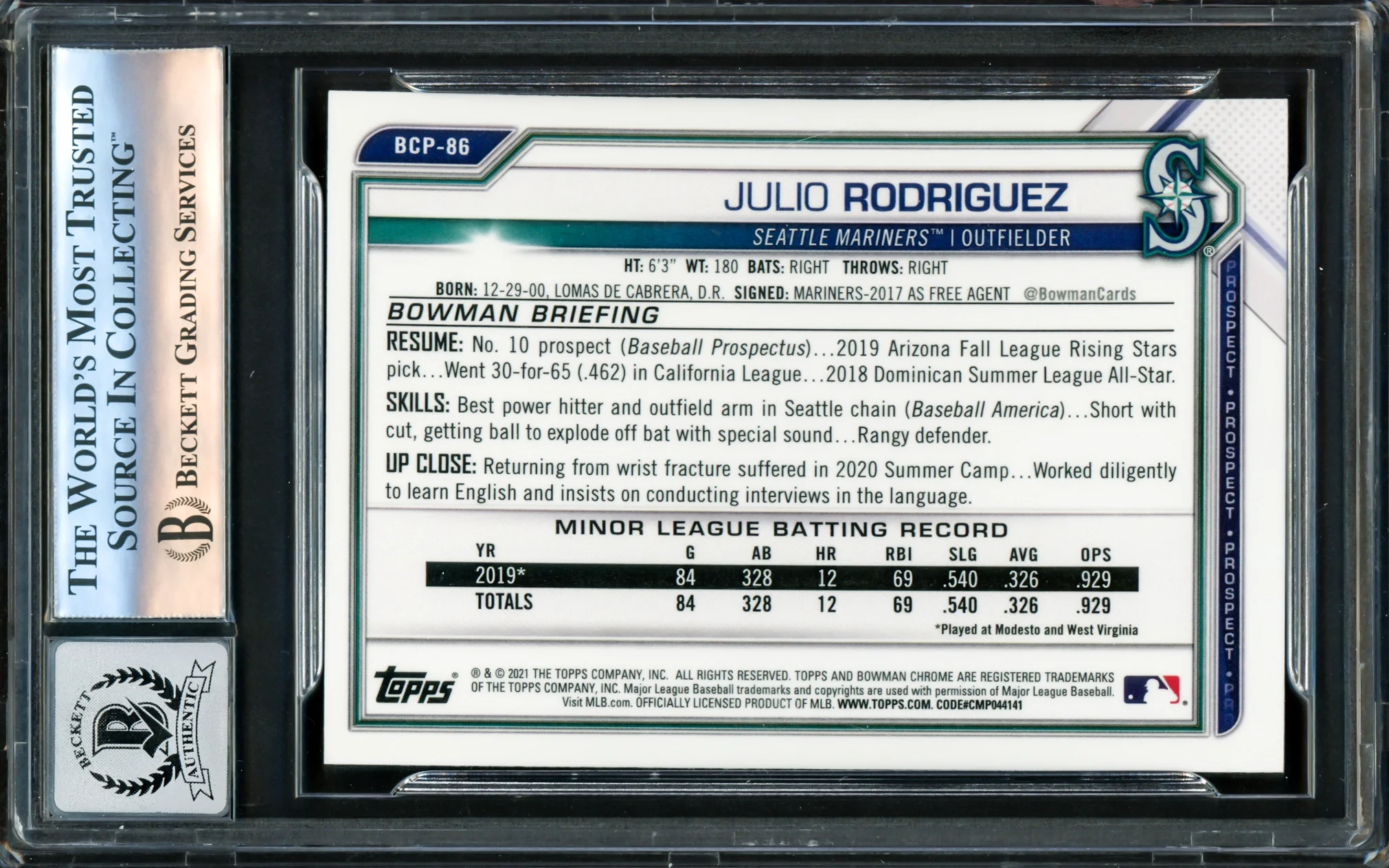 Julio Rodriguez Autographed 2021 Bowman Chrome Prospects Rookie Card #BCP86 Seattle Mariners Auto Grade Gem Mint 10 Beckett BAS #16171653 - Image 2