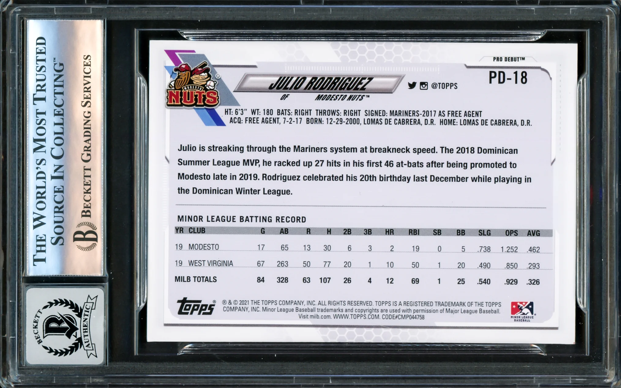 Julio Rodriguez Autographed 2021 Topps Pro Debut Rookie Card #PD18 Seattle Mariners Auto Grade Gem Mint 10 Beckett BAS #16171657 - Image 2