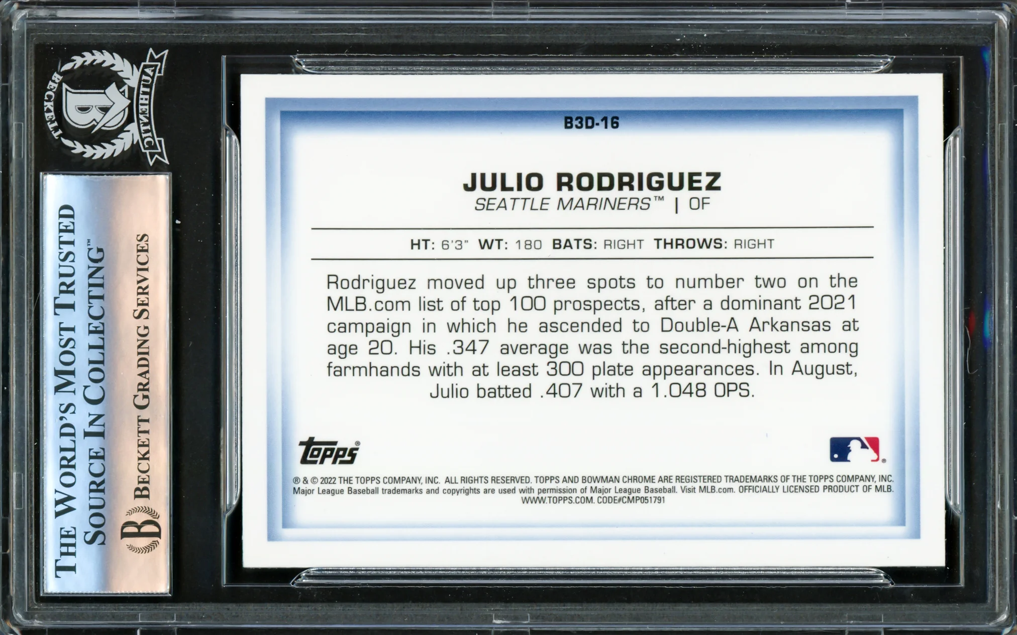 Julio Rodriguez Autographed 2022 Bowman Chrome 3D Rookie Card #B3D-16 Seattle Mariners Beckett BAS #16177393 - Image 2