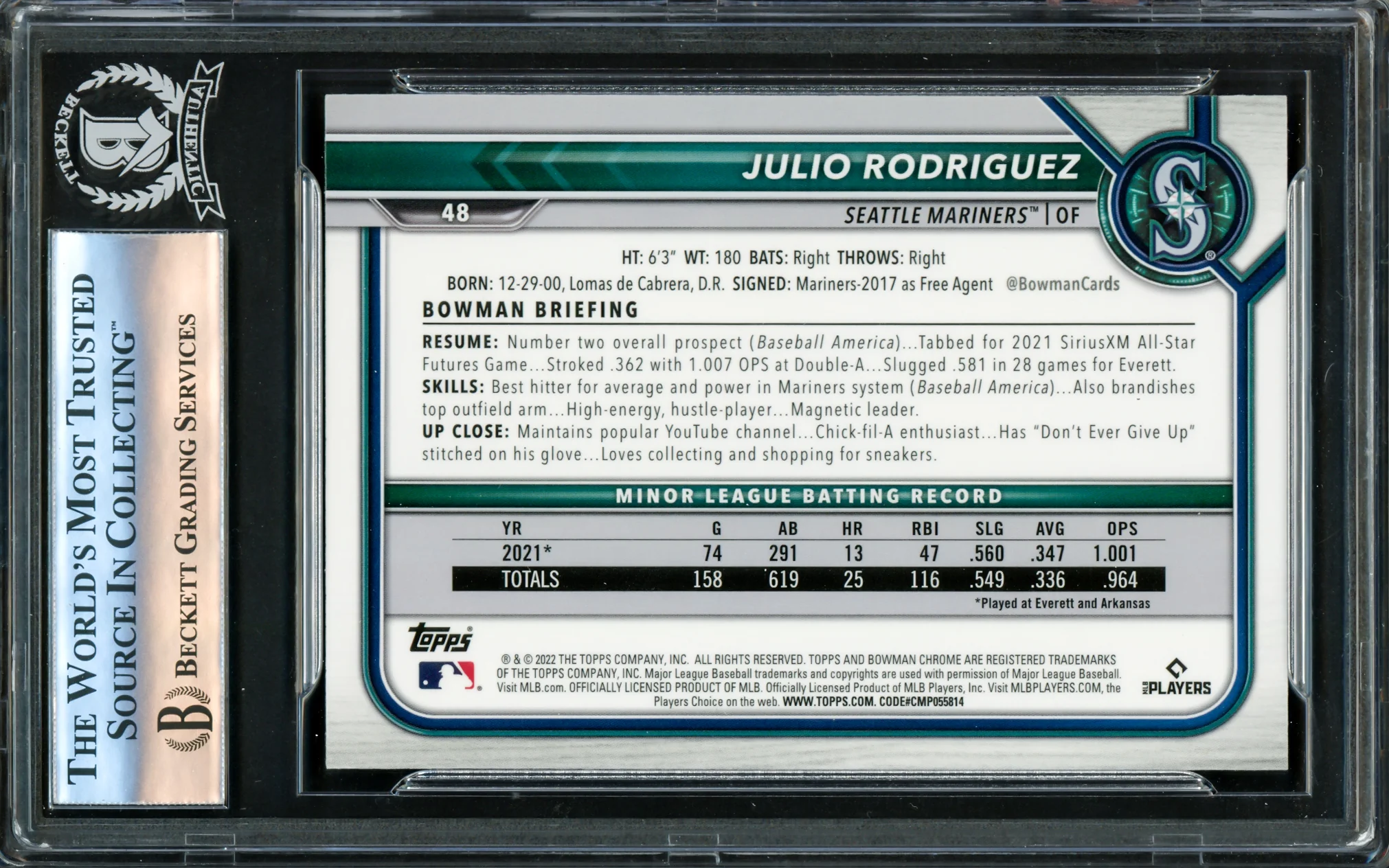 Julio Rodriguez Autographed 2022 Bowman Chrome Rookie Card #48 Seattle Mariners Beckett BAS #16177391 - Image 2