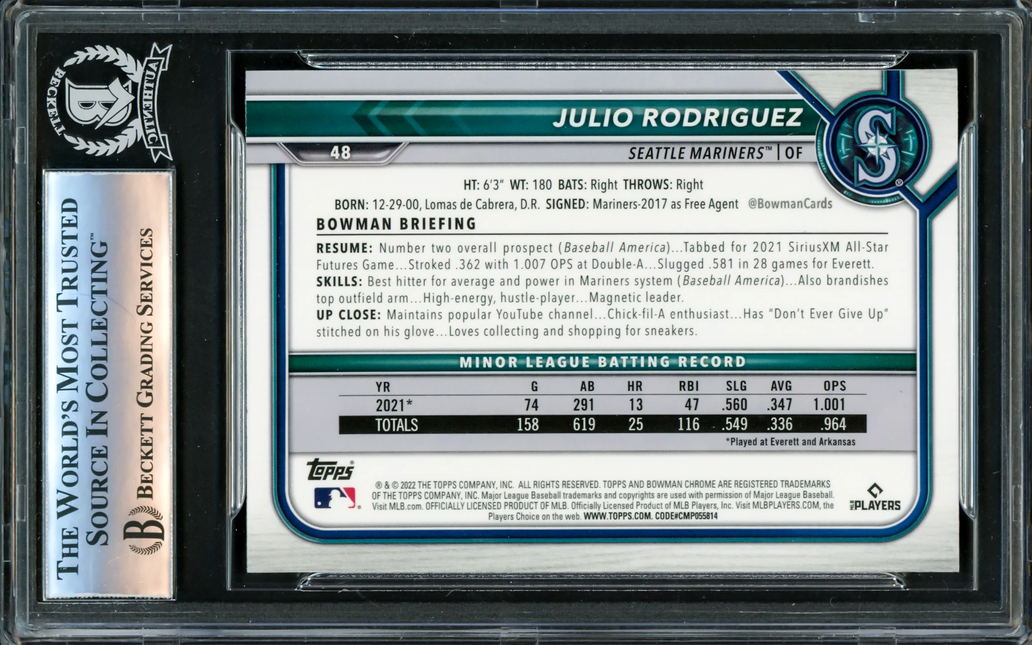 Julio Rodriguez Autographed 2022 Bowman Chrome Rookie Card #48 Seattle Mariners Beckett BAS #16340977 - Image 2