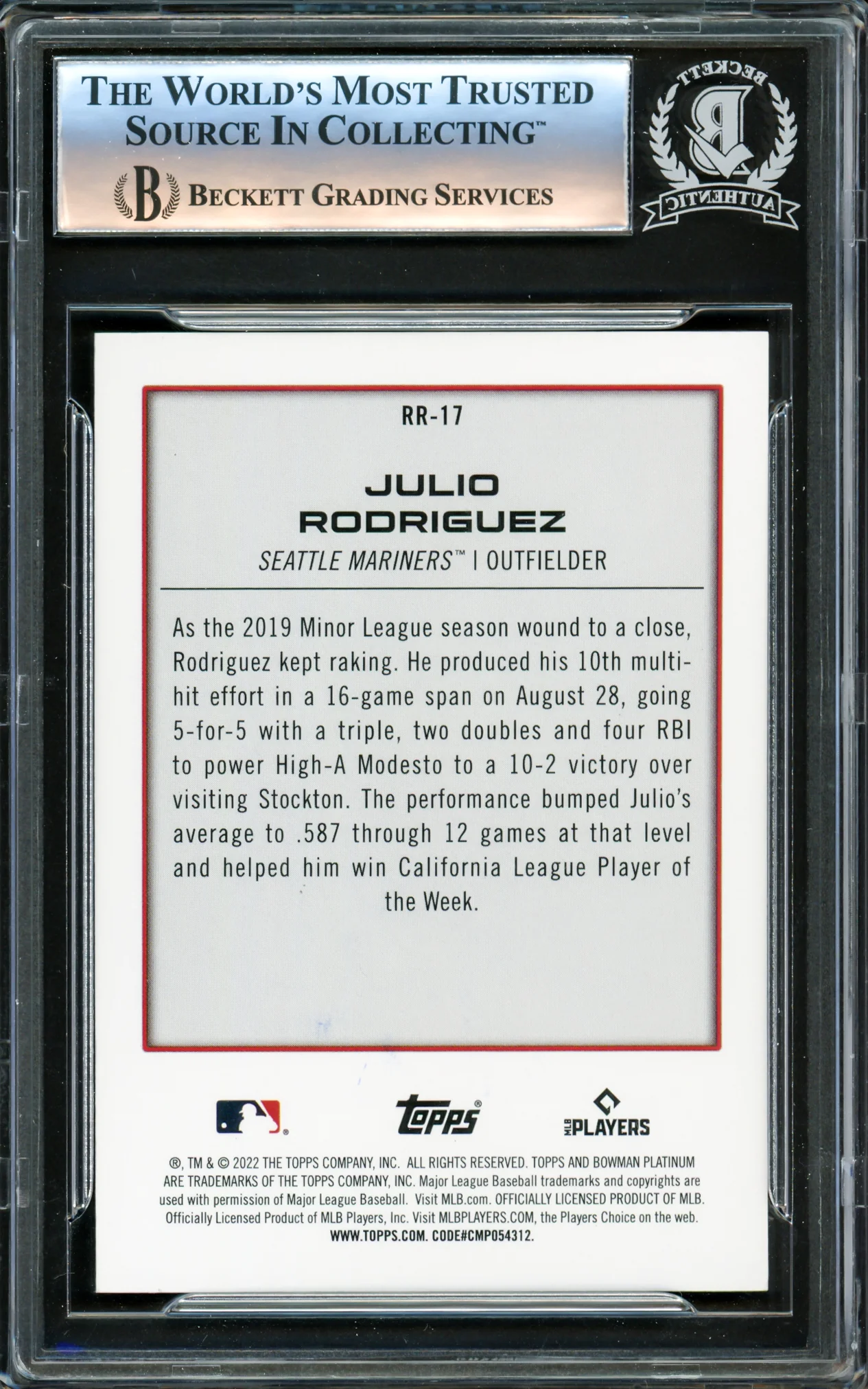 Julio Rodriguez Autographed 2022 Bowman Platinum Renowned Rookies Rookie Card #RR17 Seattle Mariners Beckett BAS #16340979 - Image 2