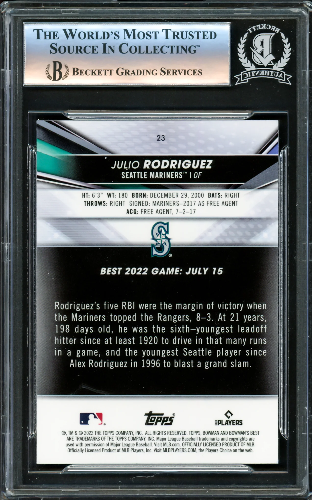 Julio Rodriguez Autographed 2022 Bowman's Best Rookie Card #23 Seattle Mariners Beckett BAS #16340971 - Image 2