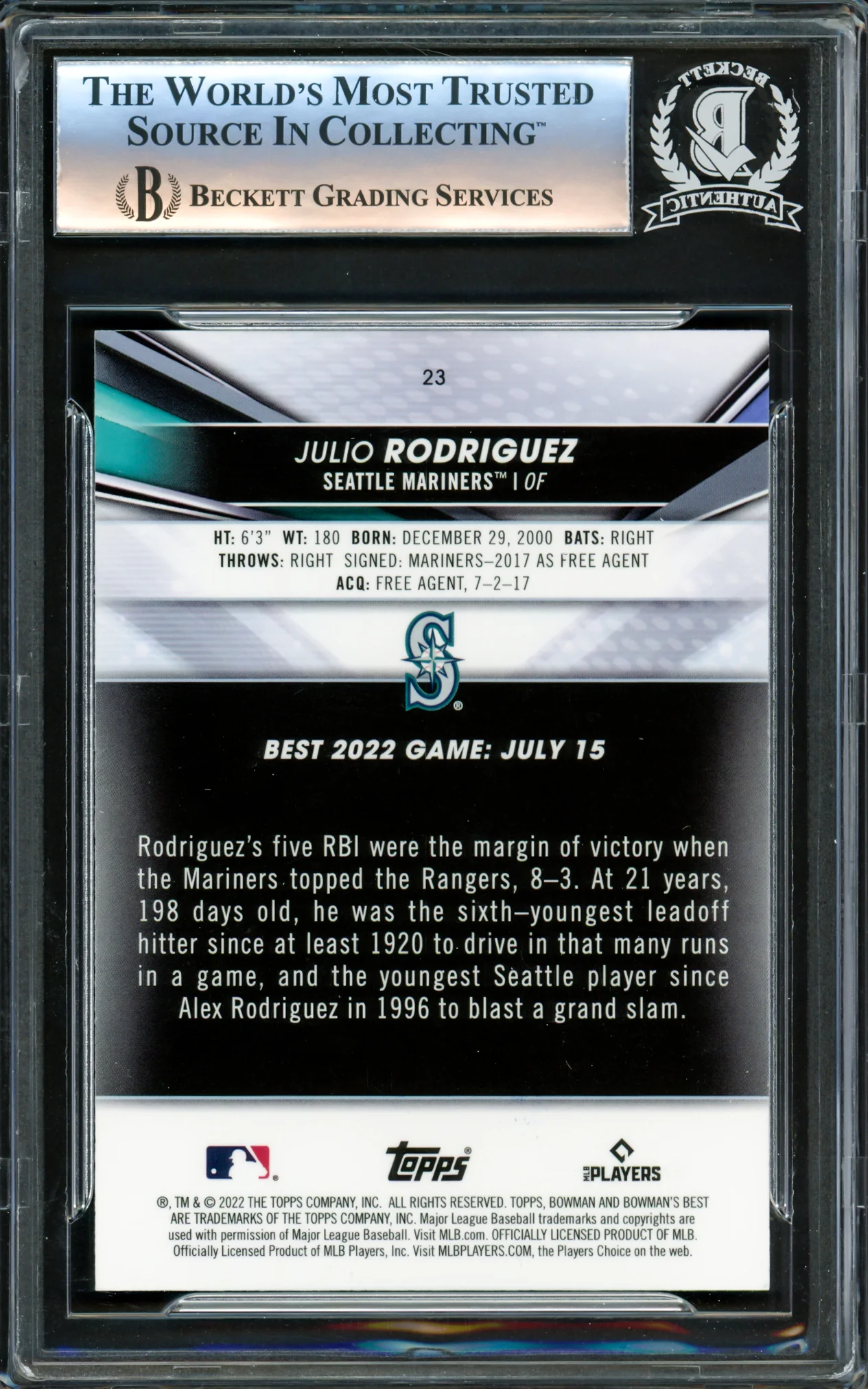 Julio Rodriguez Autographed 2022 Bowman's Best Rookie Card #23 Seattle Mariners Beckett BAS #16340973 - Image 2
