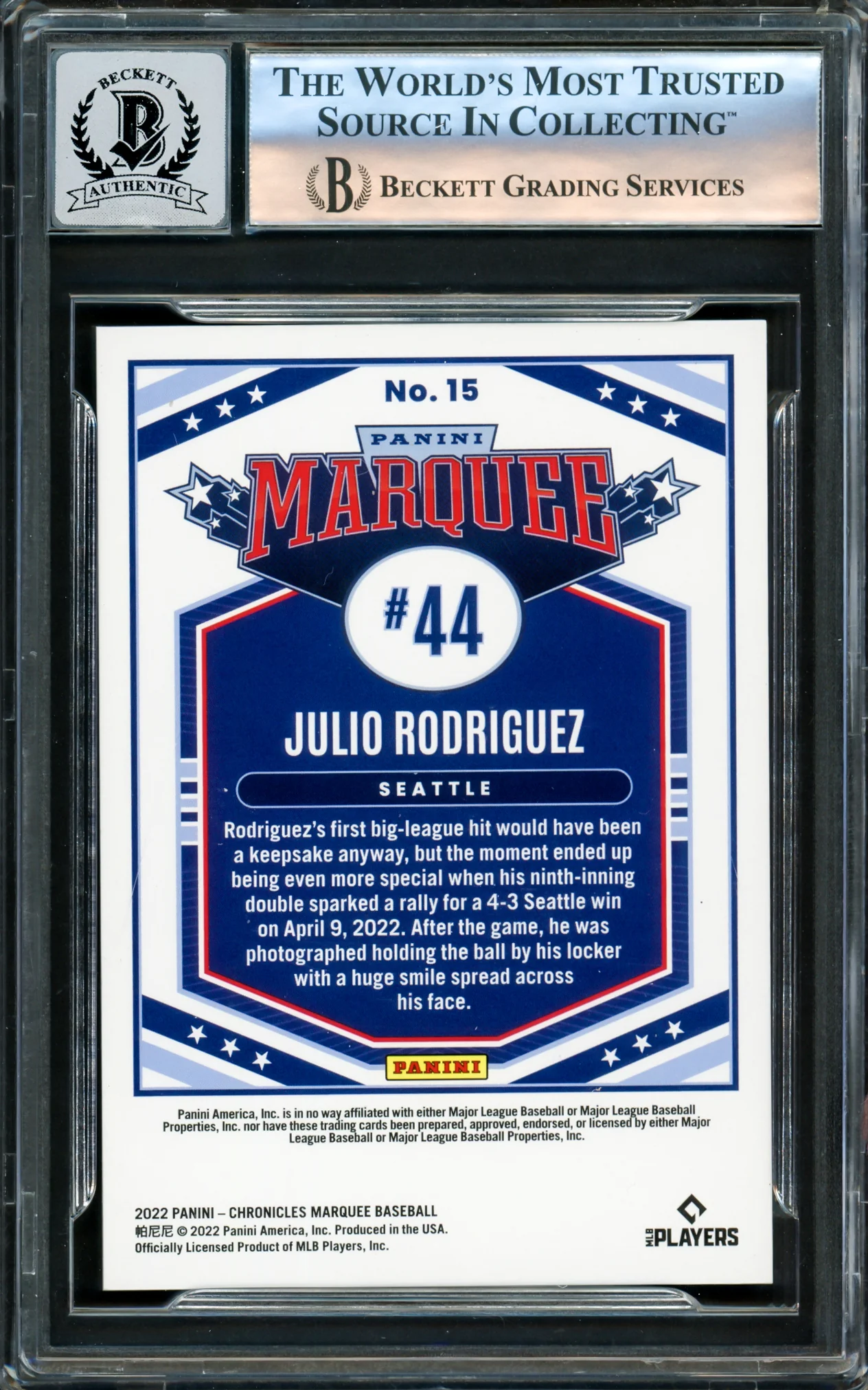 Julio Rodriguez Autographed 2022 Panini Chronicles Marquee Rookie Card #15 Seattle Mariners Auto Grade Gem Mint 10 Beckett BAS #16171835 - Image 2