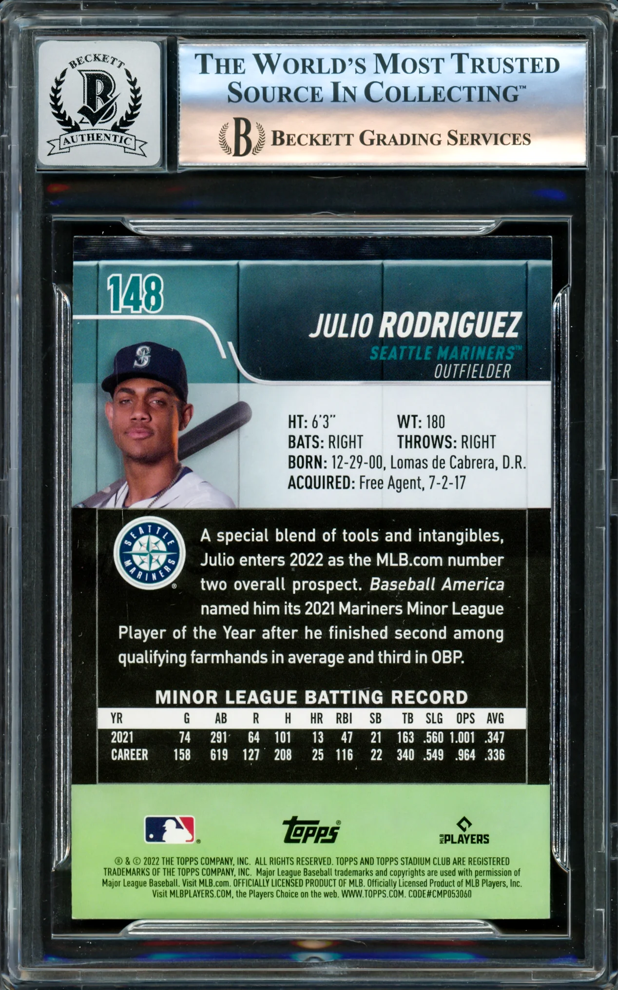 Julio Rodriguez Autographed 2022 Stadium Club Rookie Card #148 Seattle Mariners Auto Grade Gem Mint 10 Beckett BAS #16171837 - Image 2