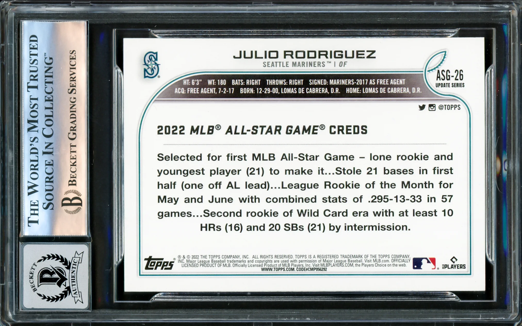 Julio Rodriguez Autographed 2022 Topps All Star Rookie Card #ASG-26 Seattle Mariners Auto Grade Gem Mint 10 Beckett BAS #16172081 - Image 2