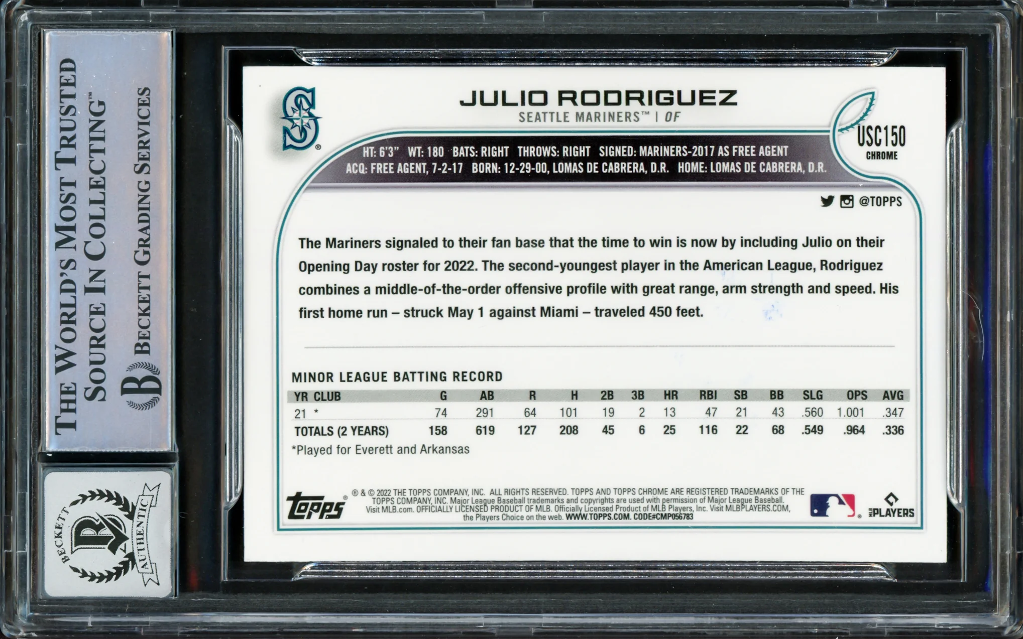 Julio Rodriguez Autographed 2022 Topps Chrome Update Rookie Card #USC150 Seattle Mariners Auto Grade Gem Mint 10 Beckett BAS Stock #222882 - Image 2