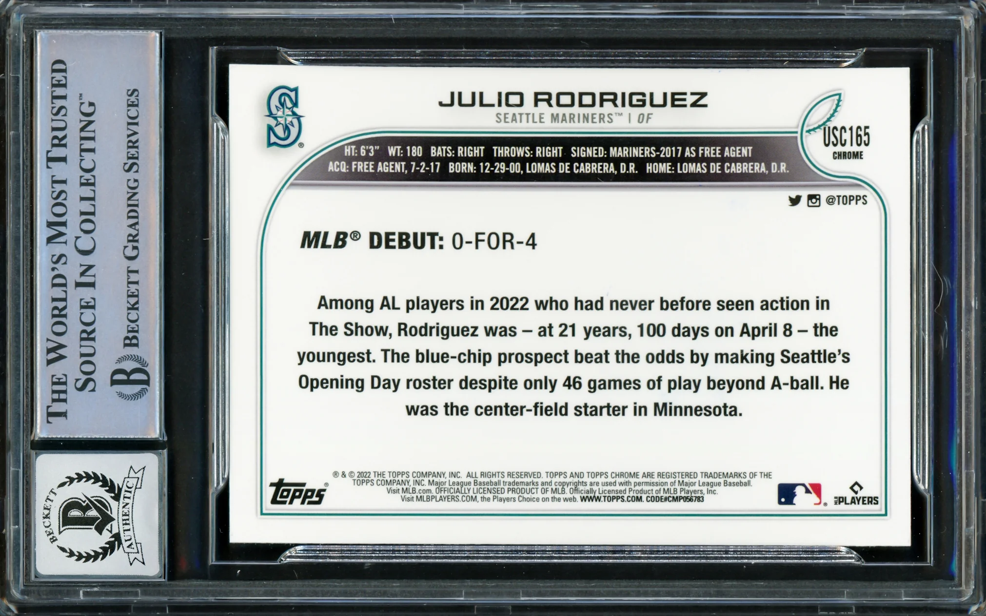 Julio Rodriguez Autographed 2022 Topps Chrome Update Rookie Card #USC165 Seattle Mariners Auto Grade Gem Mint 10 Beckett BAS Stock #222883 - Image 2