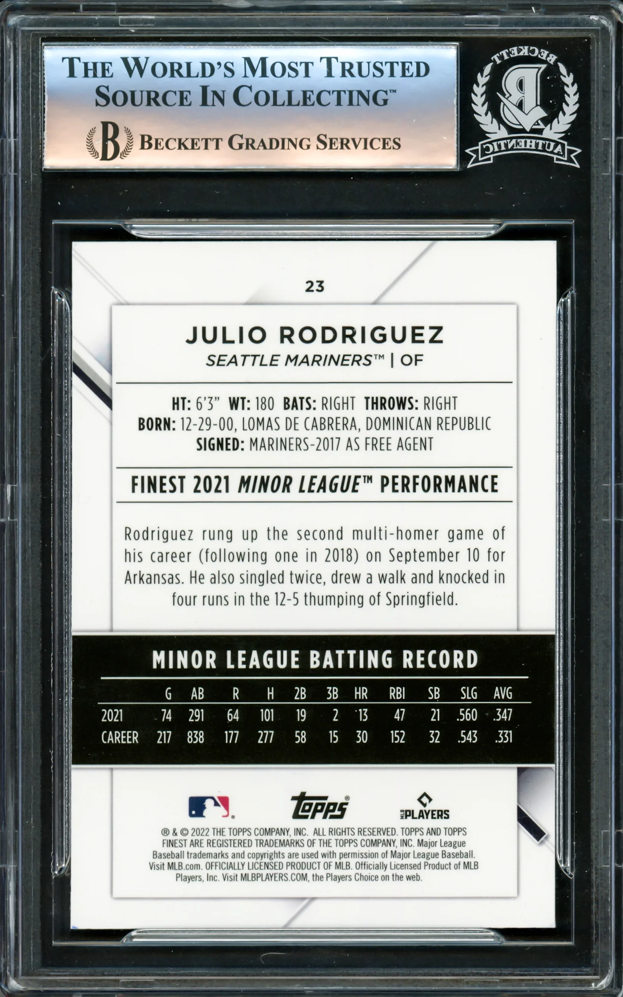Julio Rodriguez Autographed 2022 Topps Finest Rookie Card #23 Seattle Mariners Beckett BAS #16340996 - Image 2