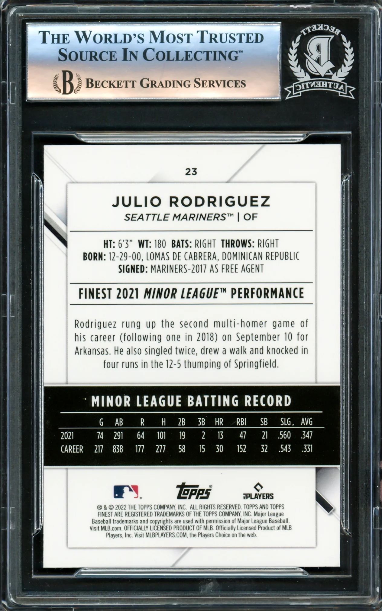 Julio Rodriguez Autographed 2022 Topps Finest Rookie Card #23 Seattle Mariners Beckett BAS #16340999 - Image 2