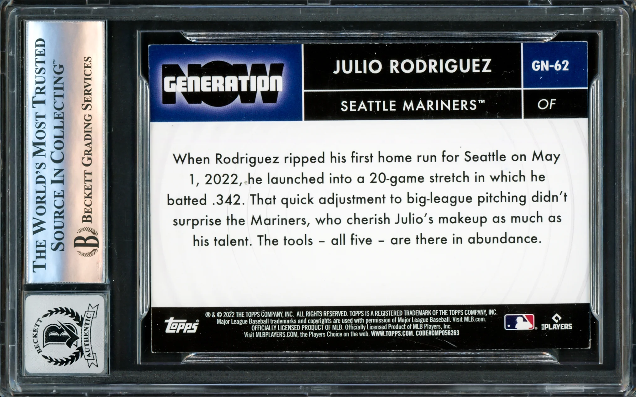 Julio Rodriguez Autographed 2022 Topps Generation Now Rookie Card #GN-62 Seattle Mariners Auto Grade Gem Mint 10 Beckett BAS #16172177 - Image 2