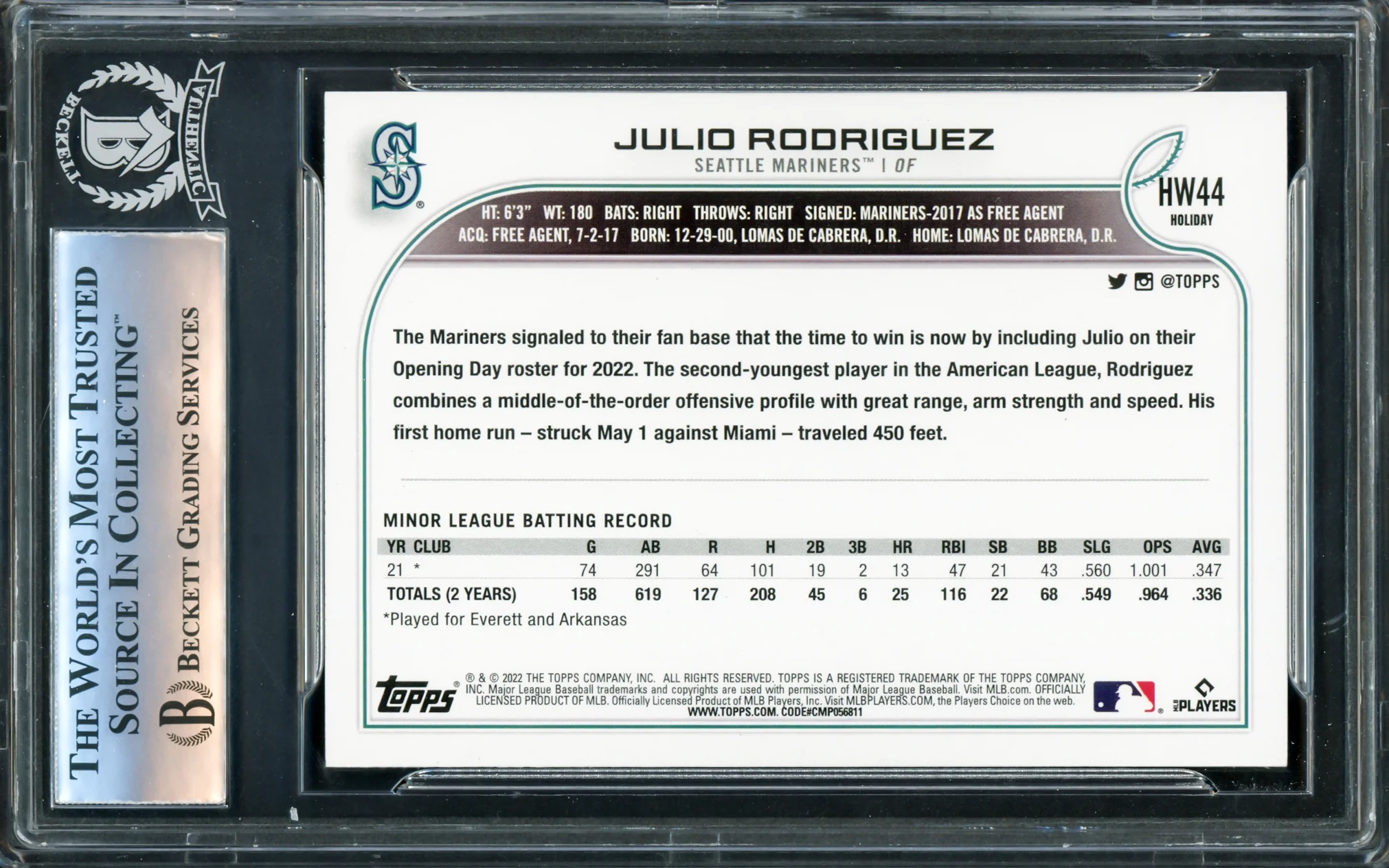 Julio Rodriguez Autographed 2022 Topps Holiday Rookie Card #HW44 Seattle Mariners Beckett BAS #16340989 - Image 2