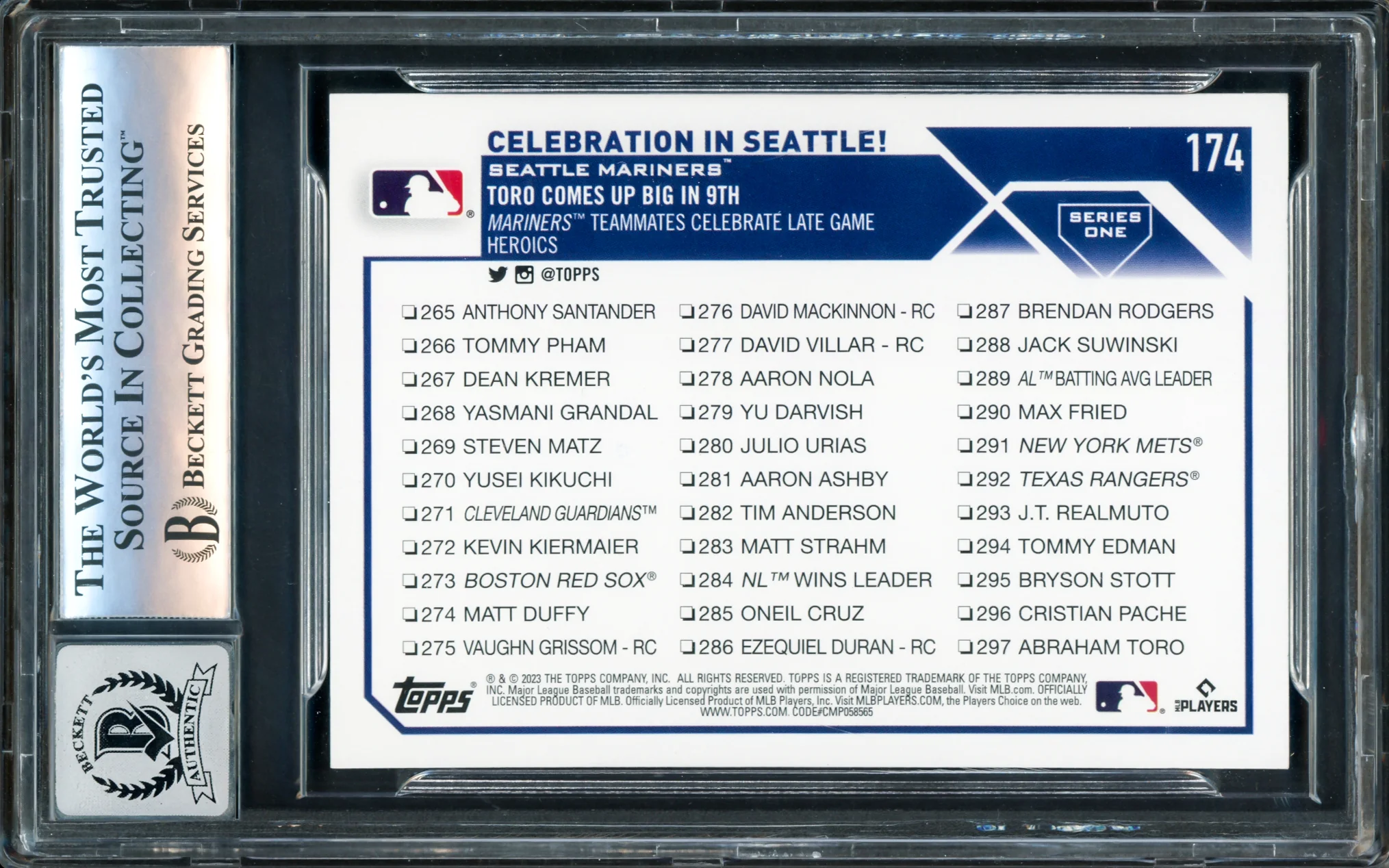 Julio Rodriguez Autographed 2023 Topps Card #174 Seattle Mariners Auto Grade Gem Mint 10 Beckett BAS #16172577 - Image 2
