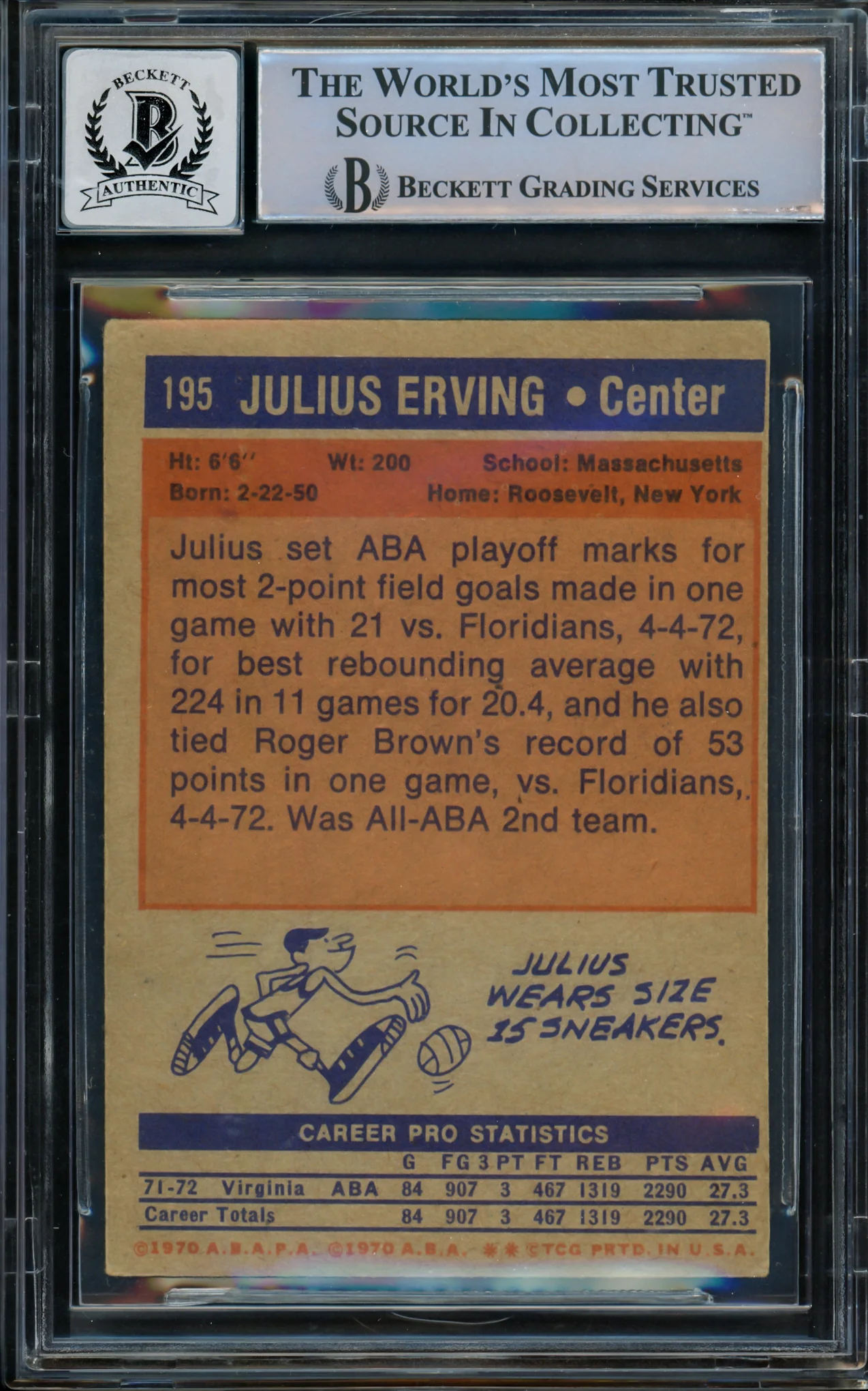 Julius Dr. J Erving Autographed 1972-73 Topps Rookie Card #195 Virginia Squires Auto Grade Gem Mint 10 Beckett BAS #14867956 - Image 2